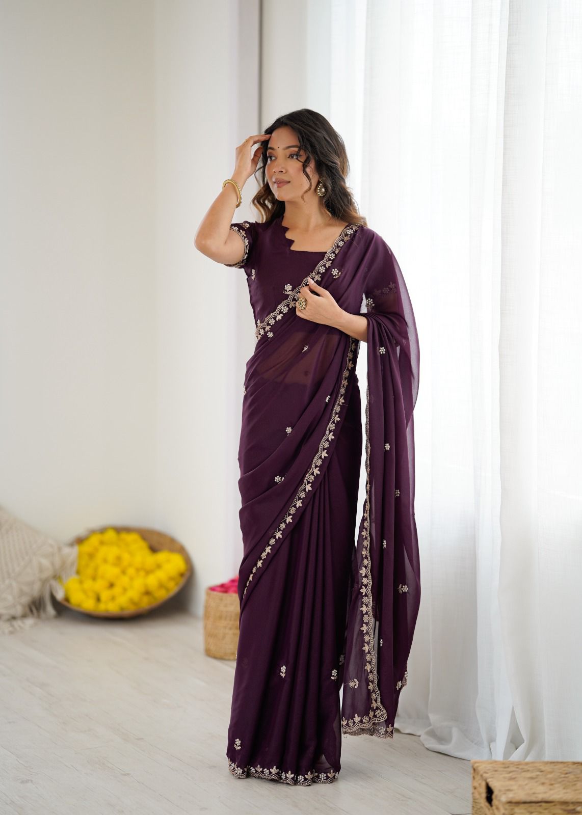 Star Georgette Silk Moti Work Saree