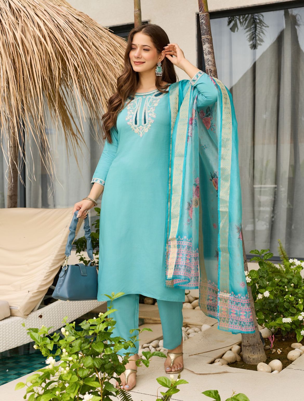 Women's Silk Blend Embroidered Salwar Suit Set with Dupatta