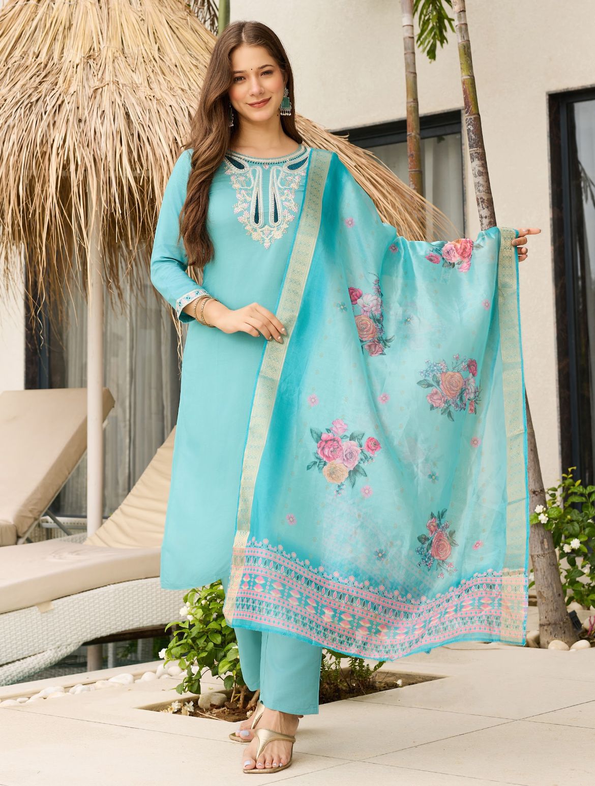Women's Silk Blend Embroidered Salwar Suit Set with Dupatta