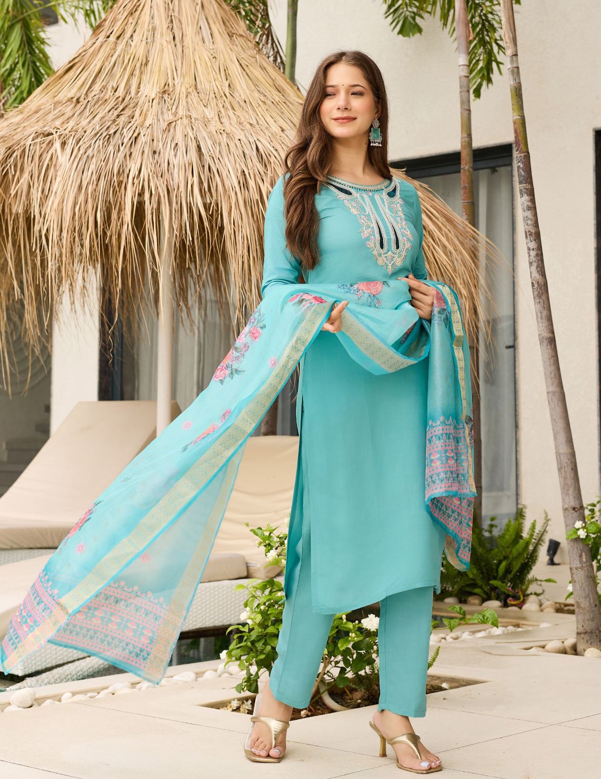 Women's Silk Blend Embroidered Salwar Suit Set with Dupatta