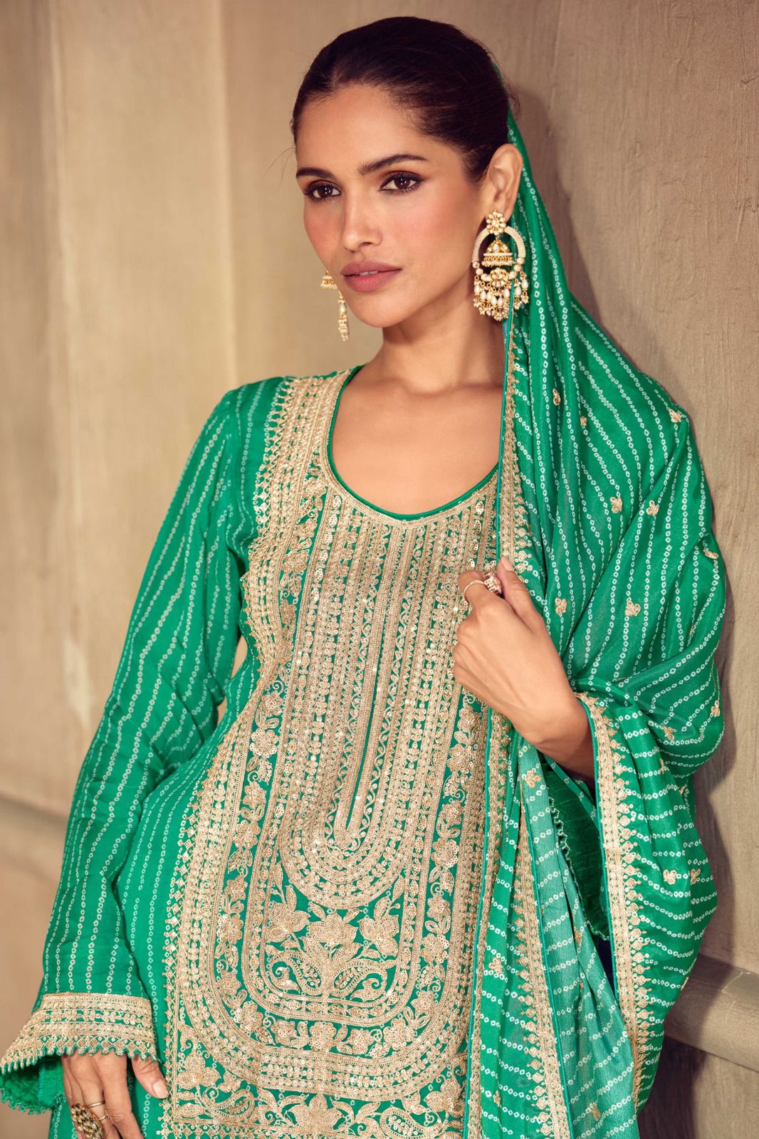 Green Chinon Embroidered Sharara Suit