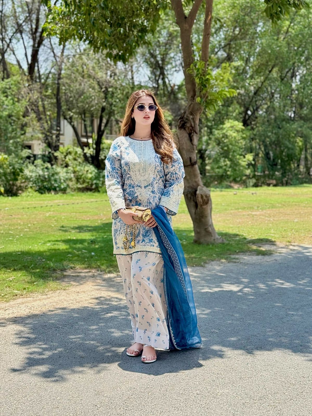 Women's Pure Natural Crepe Printed Embroidered Kurti with Farshi Palazzo