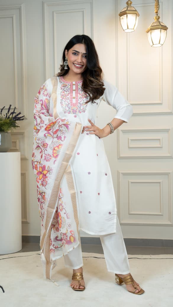 White Color Premium Roman Silk Embroidery Work Kurti