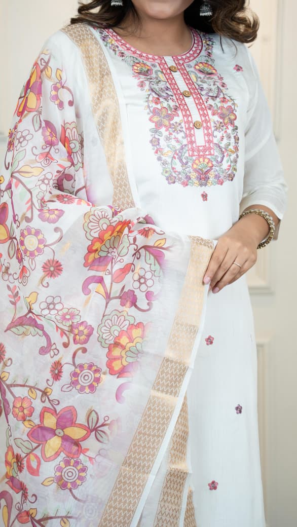 White Color Premium Roman Silk Embroidery Work Kurti