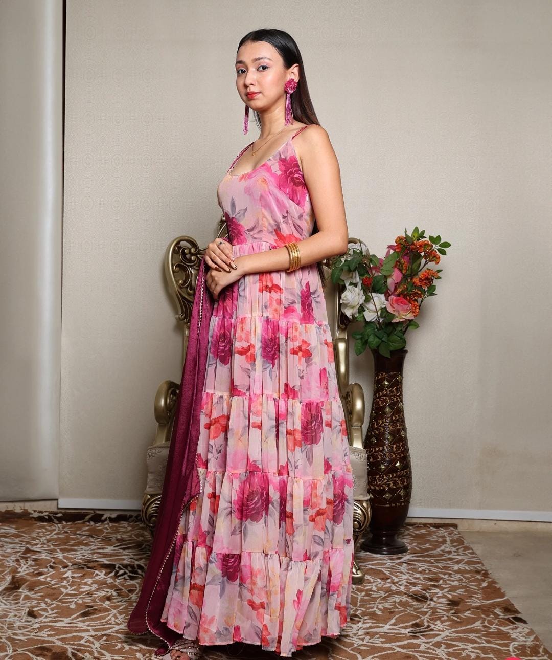 Strap Floral Gown With Dupatta