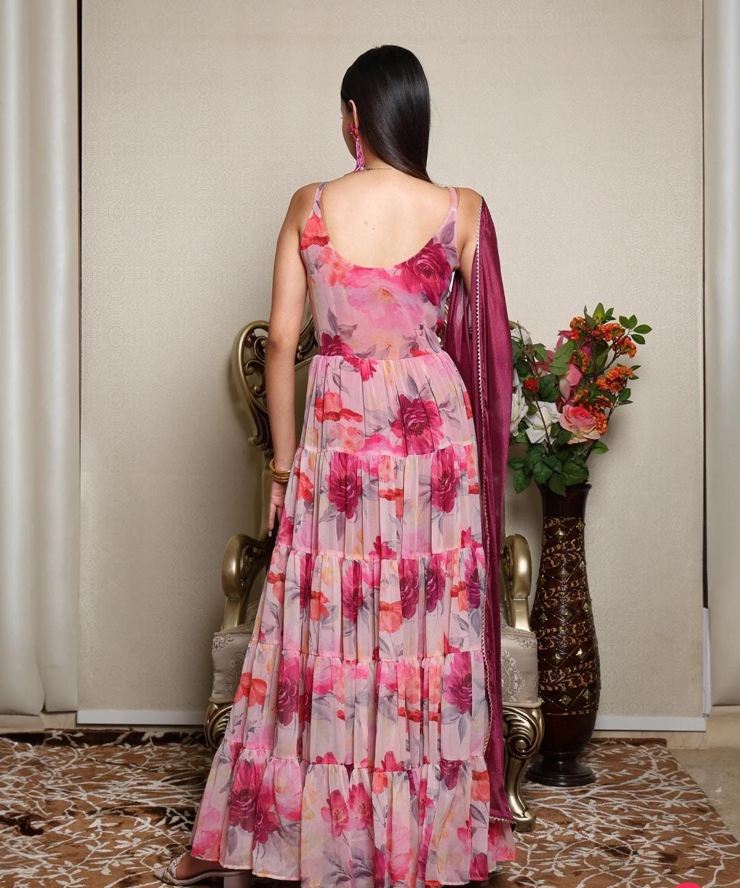 Strap Floral Gown With Dupatta