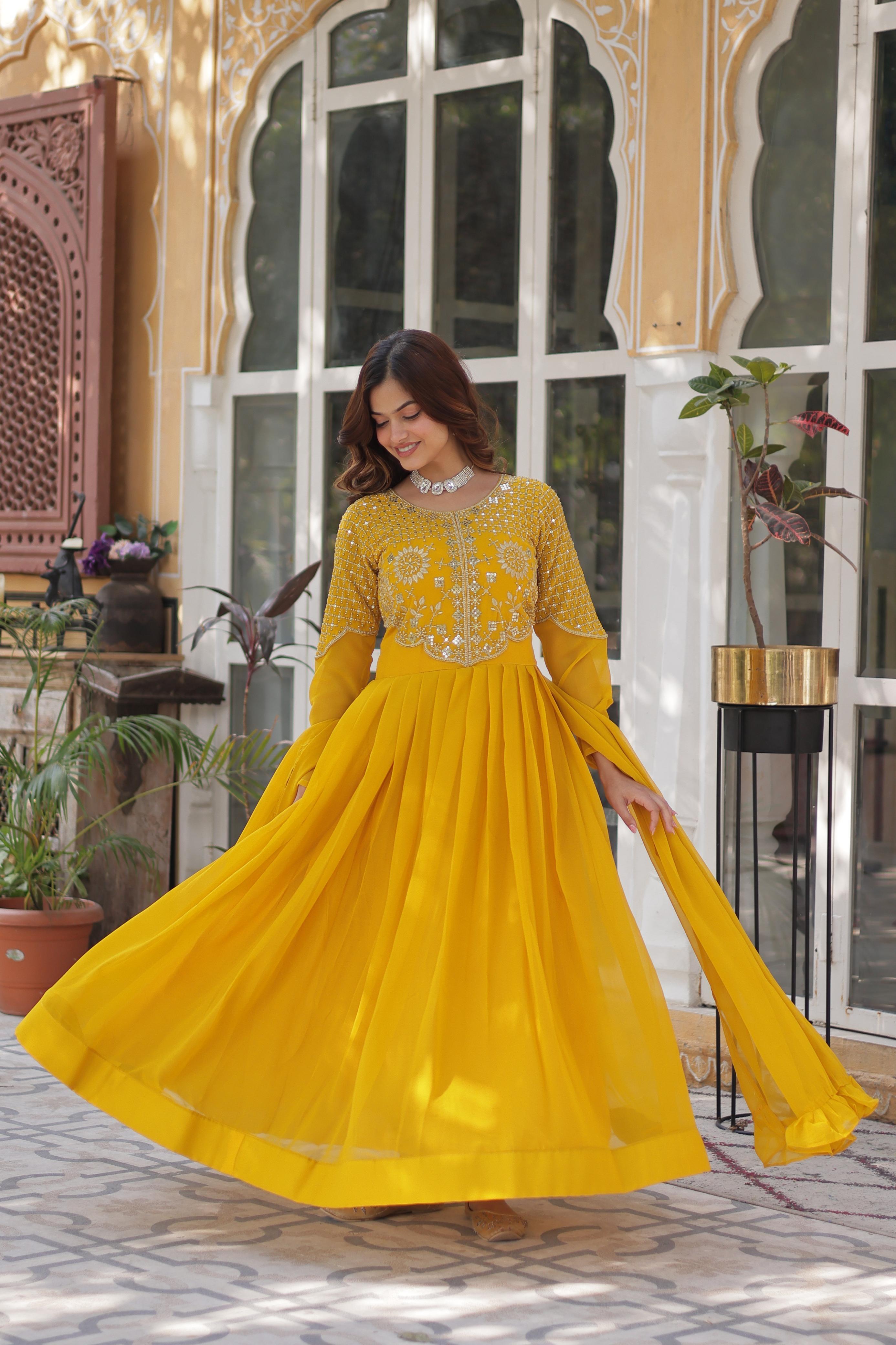 Yellow Georgette Embroidered Ethnic Wear Dress