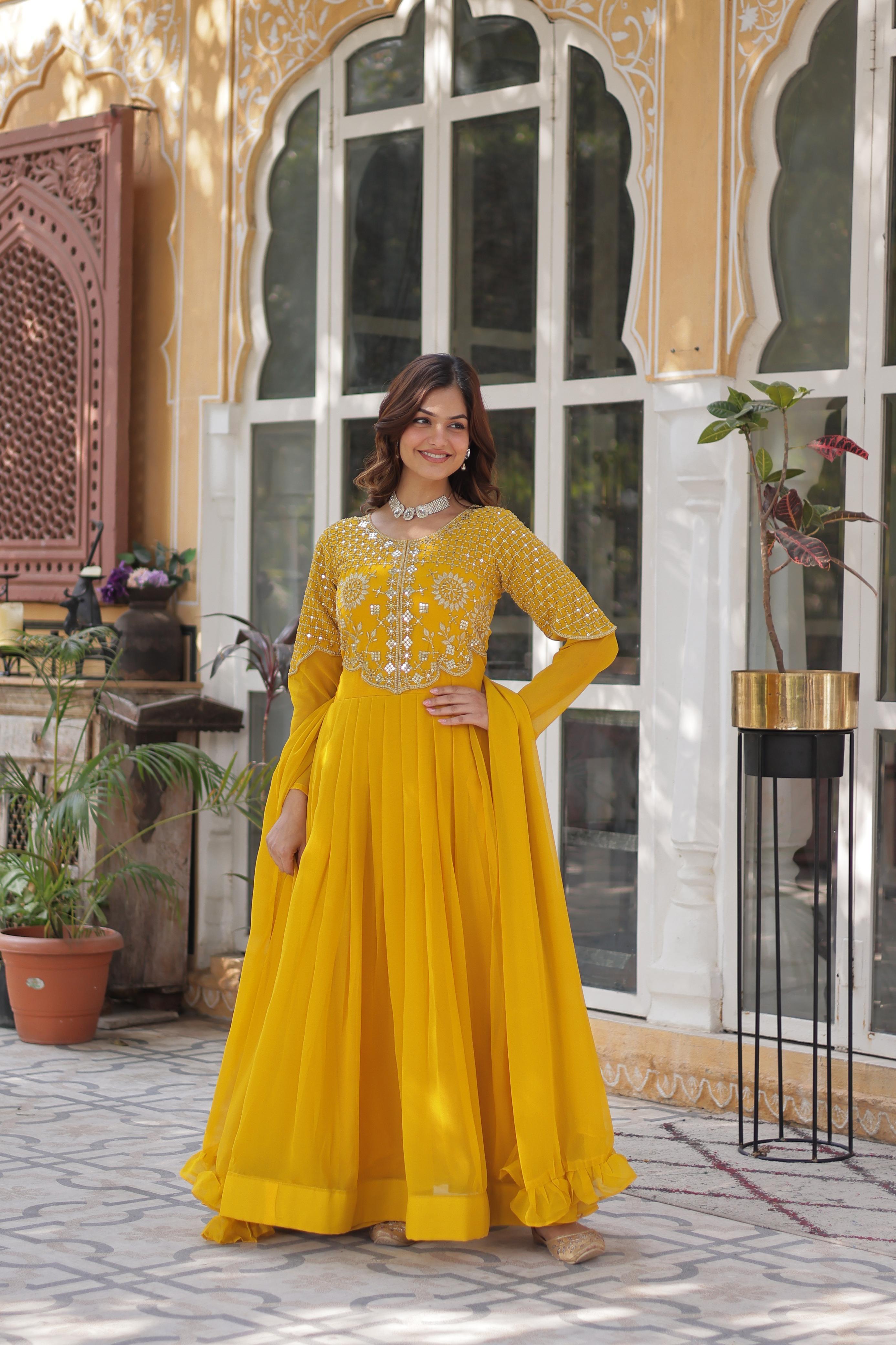 Yellow Georgette Embroidered Ethnic Wear Dress