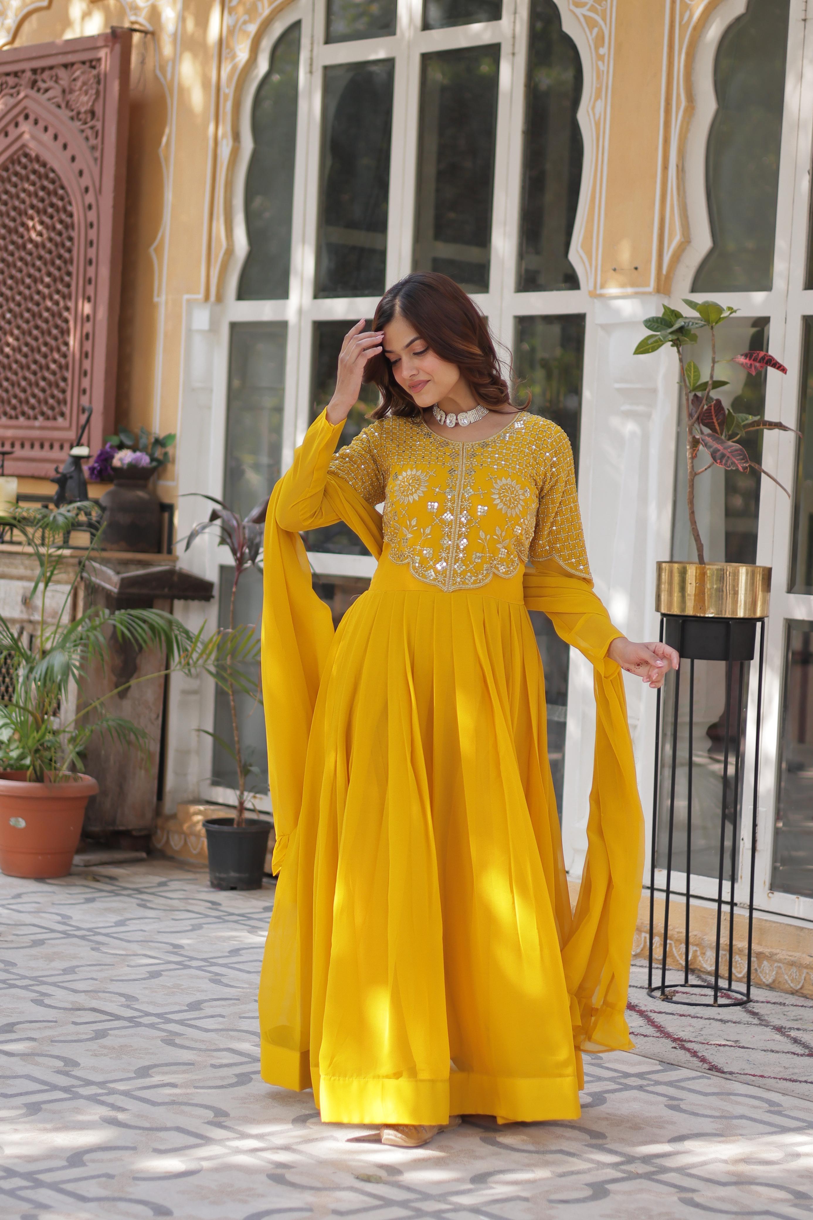 Yellow Georgette Embroidered Ethnic Wear Dress