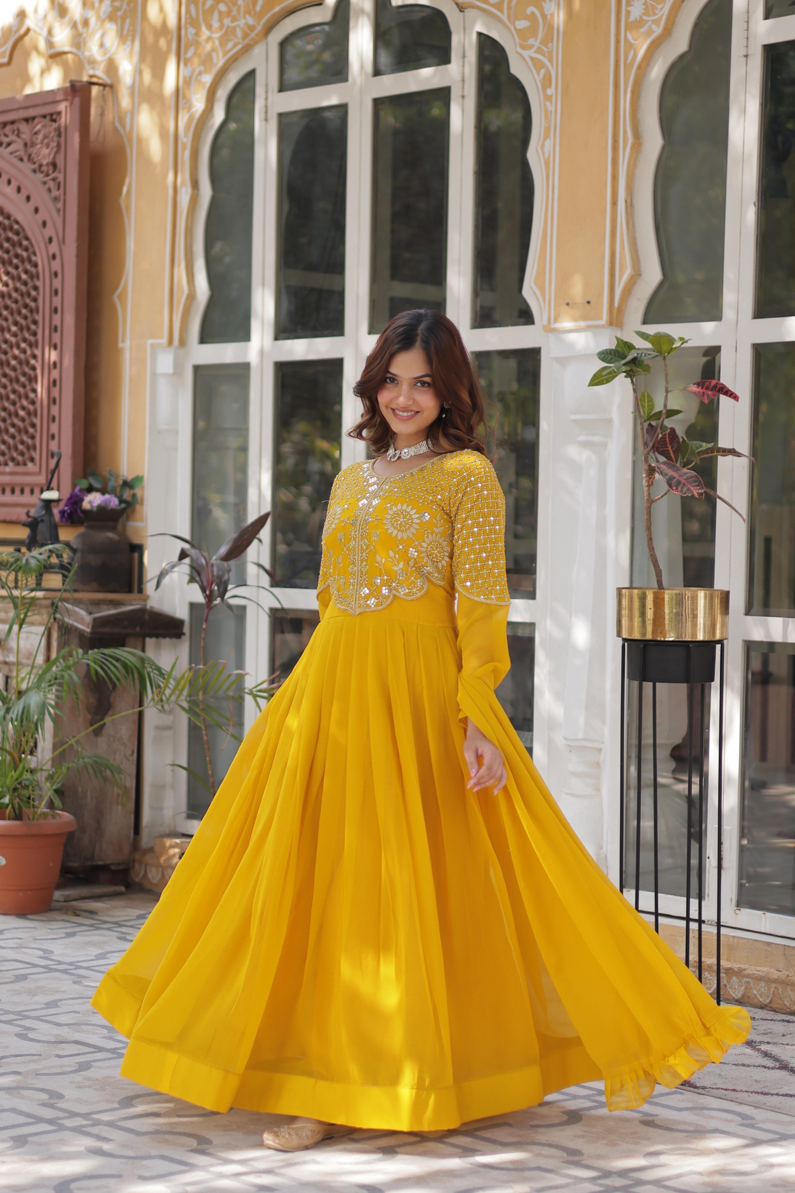 Yellow Georgette Embroidered Ethnic Wear Dress