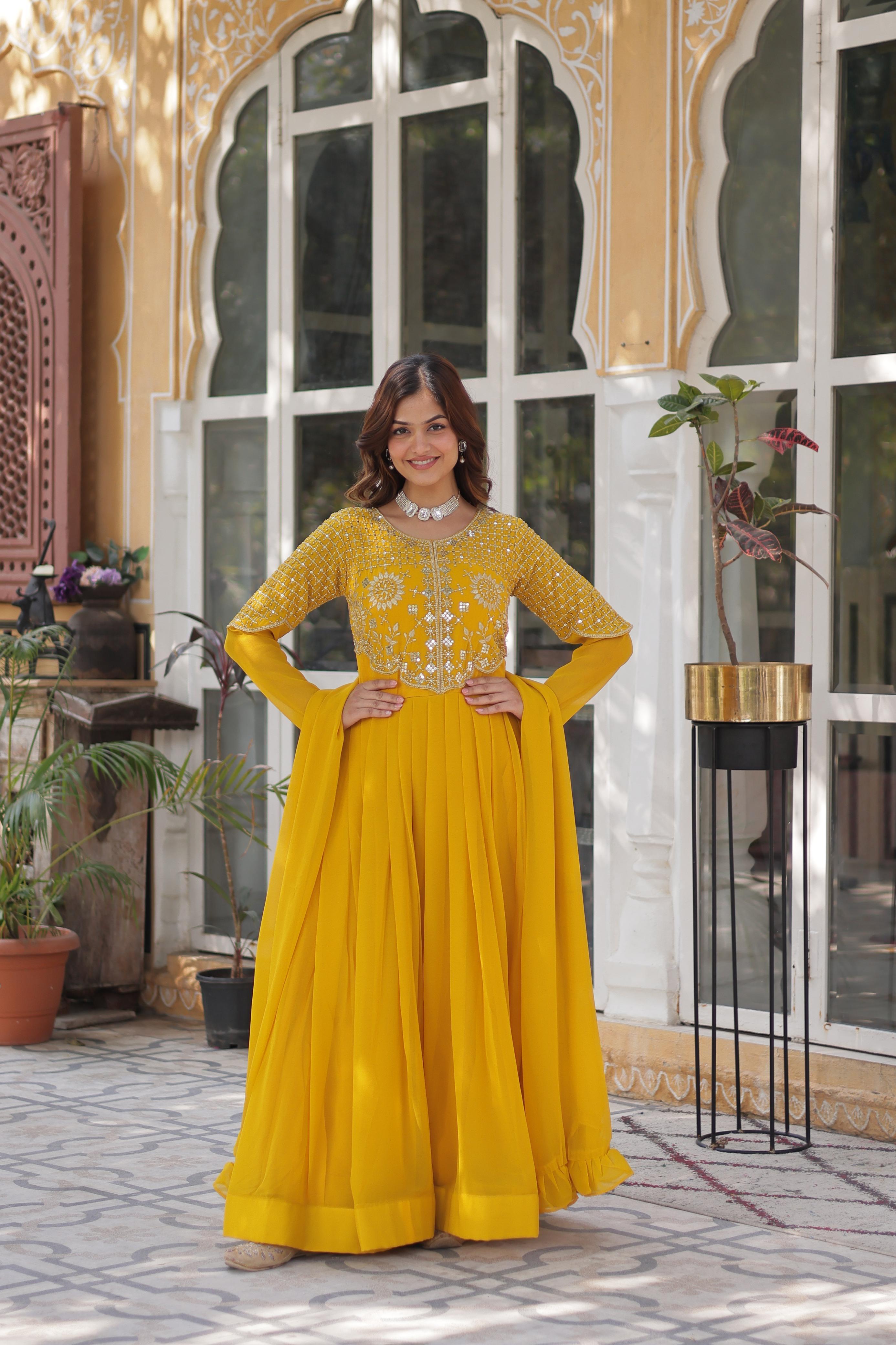 Yellow Georgette Embroidered Ethnic Wear Dress