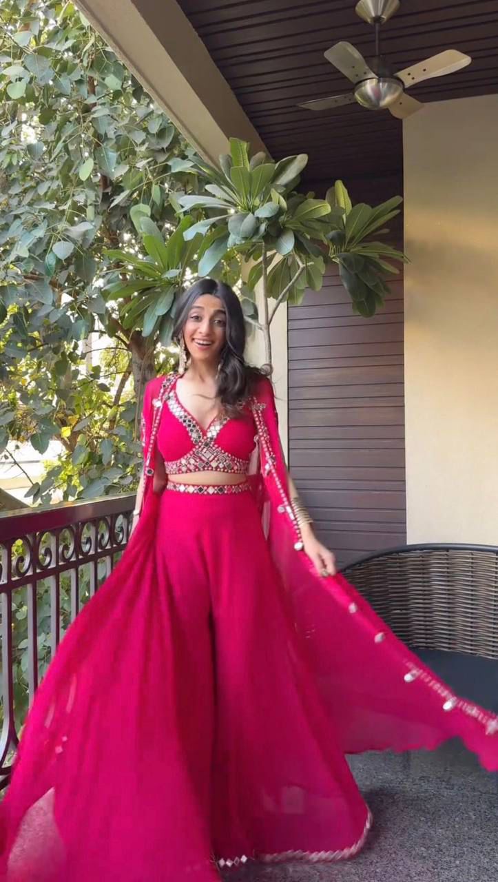 Pink Georgette Mirror Work Crop Top Set With Shrug