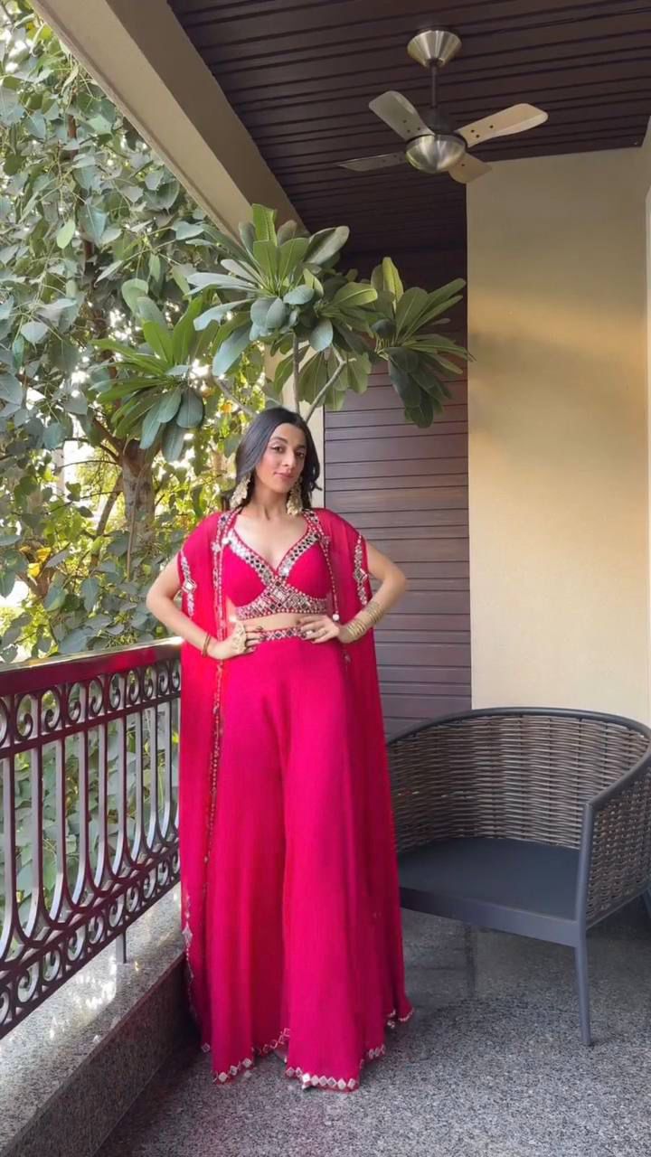 Pink Georgette Mirror Work Crop Top Set With Shrug