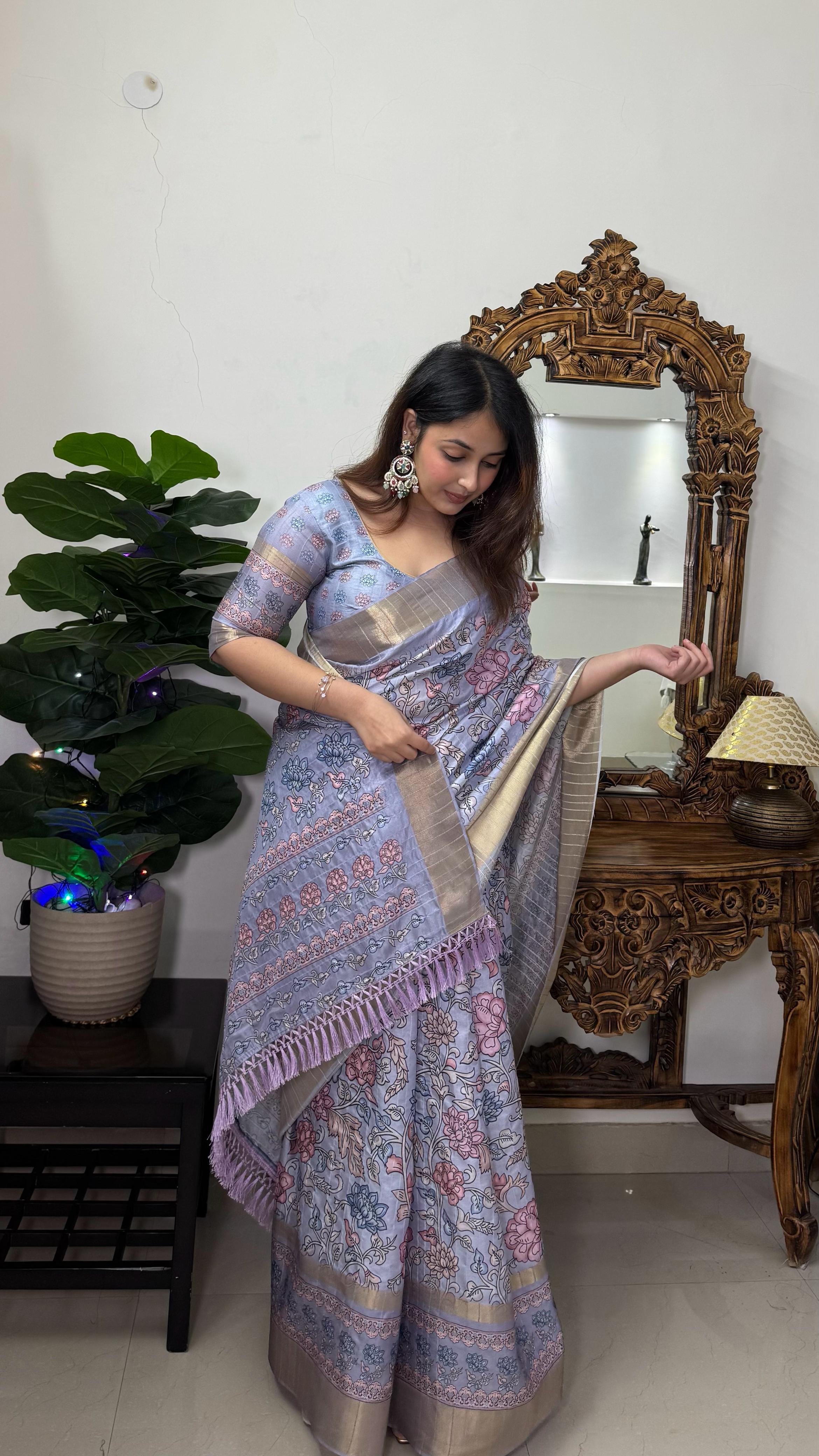 Soft Dola Silk Kalamkari Saree with Jaquard Border