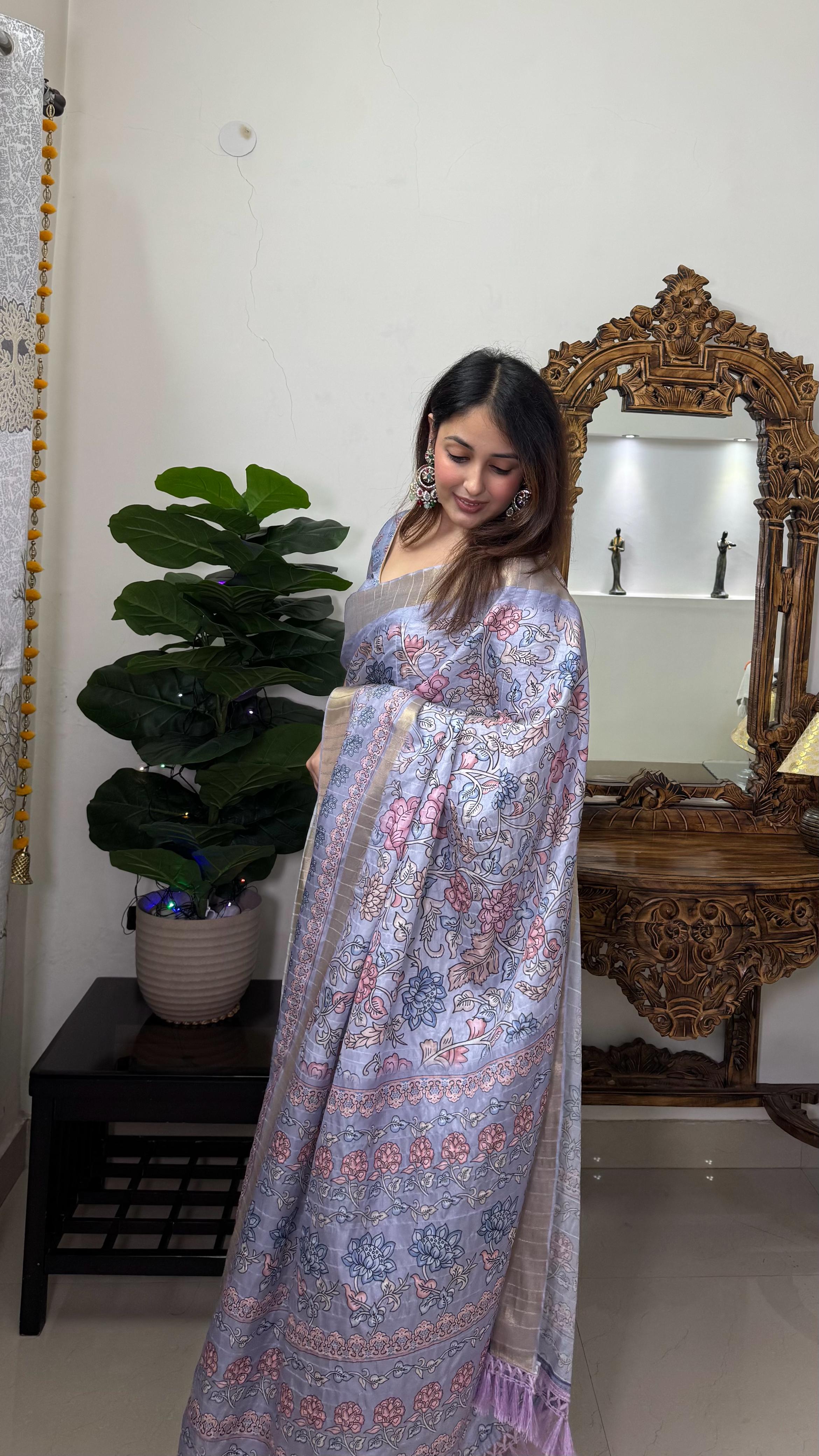 Soft Dola Silk Kalamkari Saree with Jaquard Border