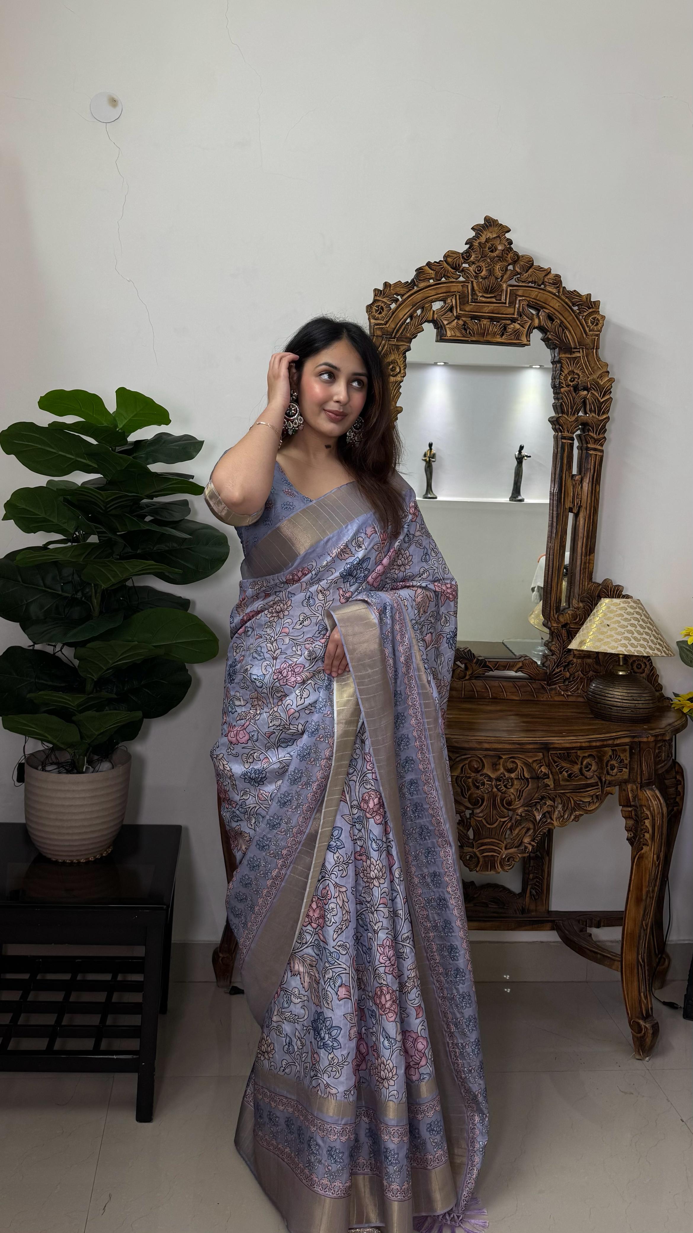 Soft Dola Silk Kalamkari Saree with Jaquard Border
