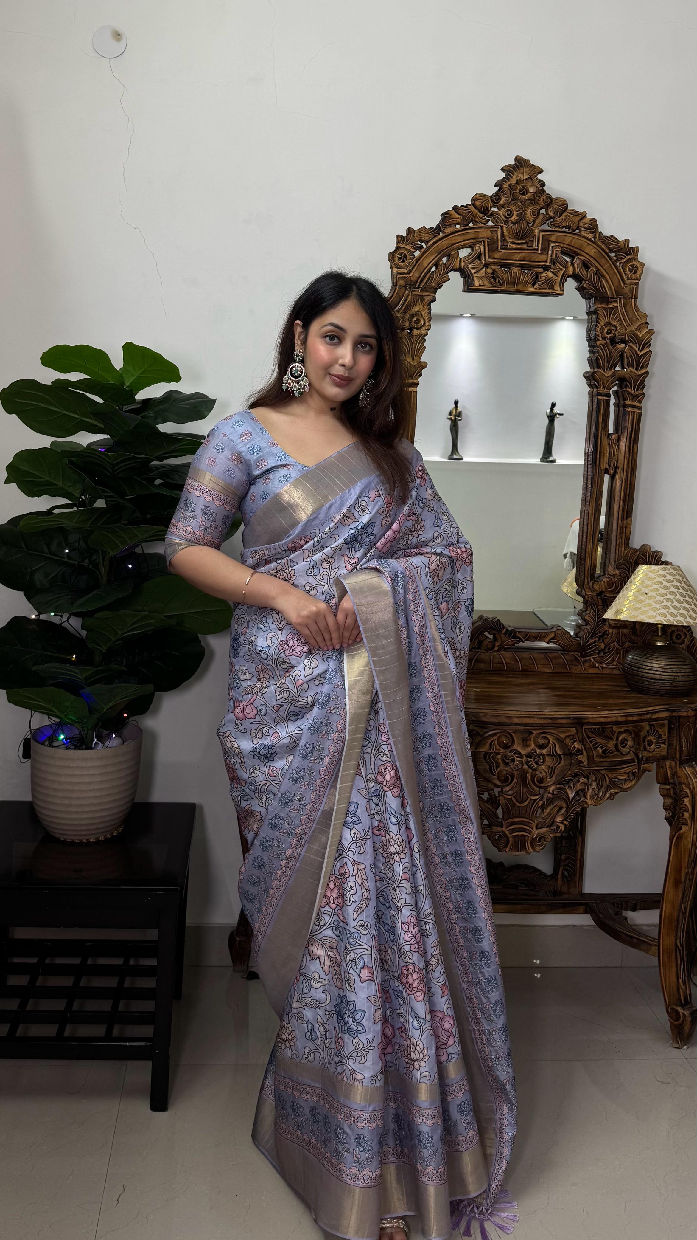 Soft Dola Silk Kalamkari Saree with Jaquard Border