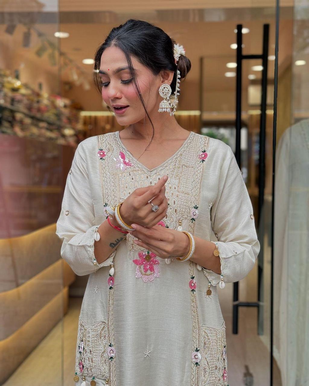 Pure Roman Silk Suit with Sequence & Cowry Embroidery