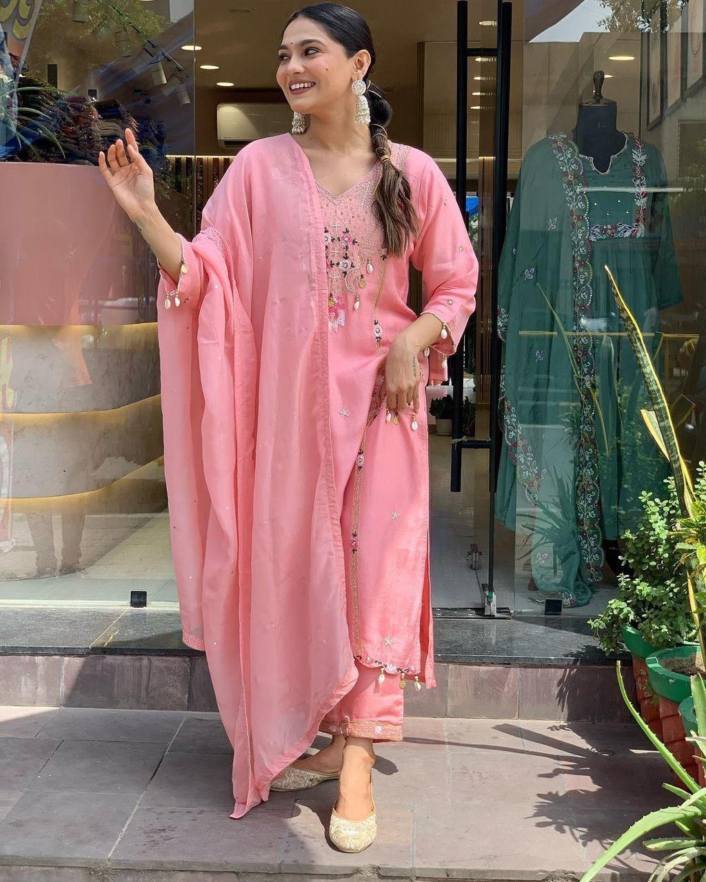 Pure Roman Silk Suit with Sequence & Cowry Embroidery