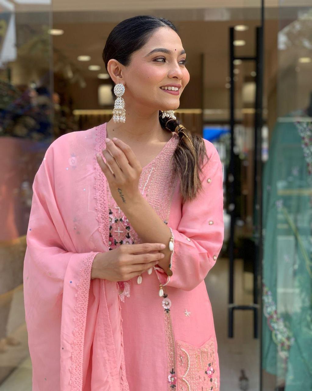 Pure Roman Silk Suit with Sequence & Cowry Embroidery