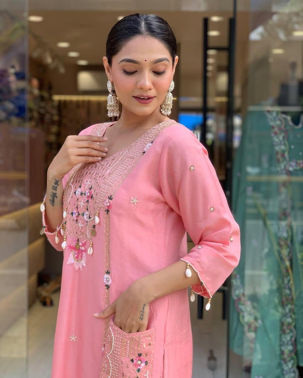 Pure Roman Silk Suit with Sequence & Cowry Embroidery