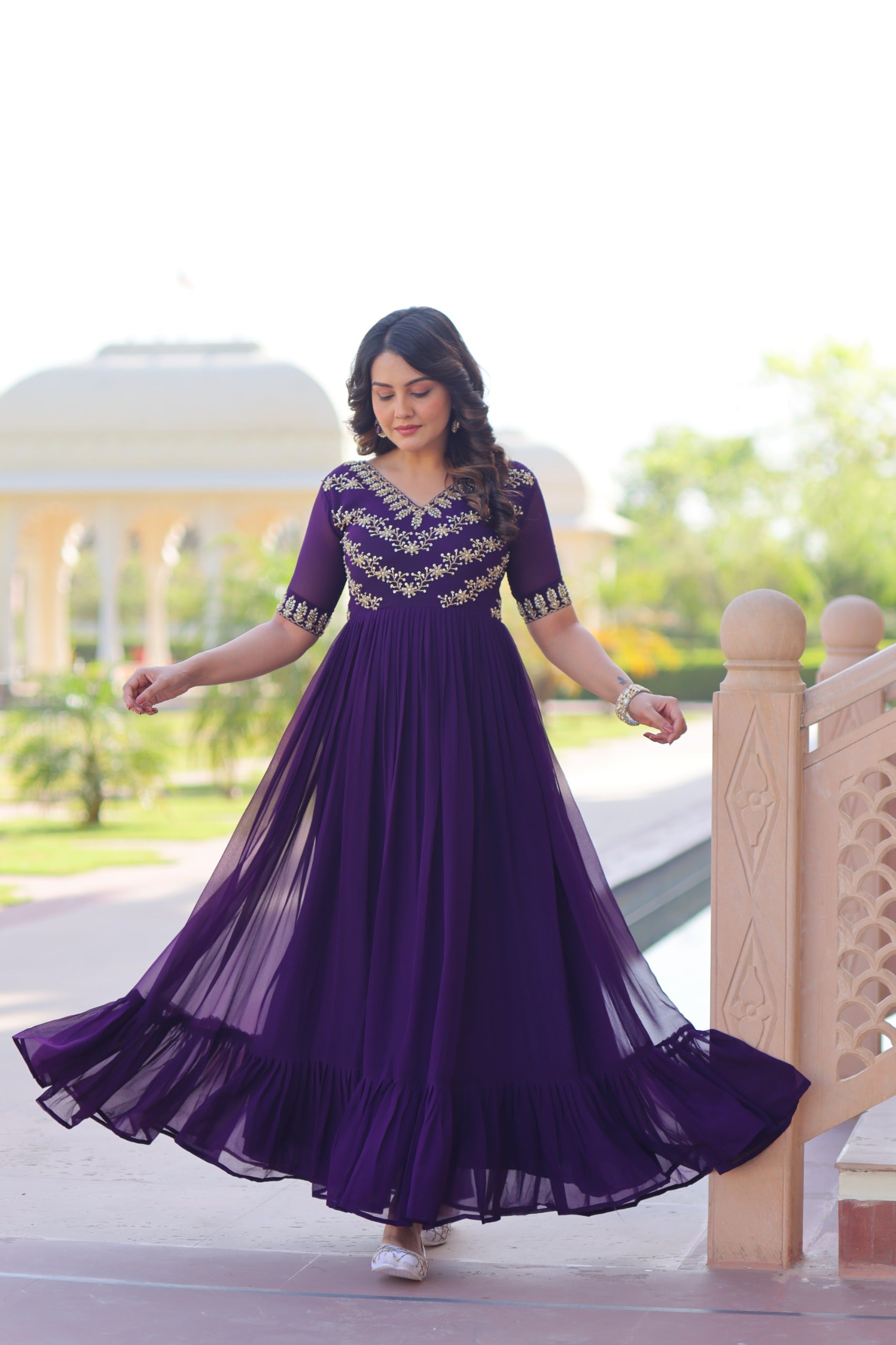 Purple Premium Faux Blooming Frill Gown