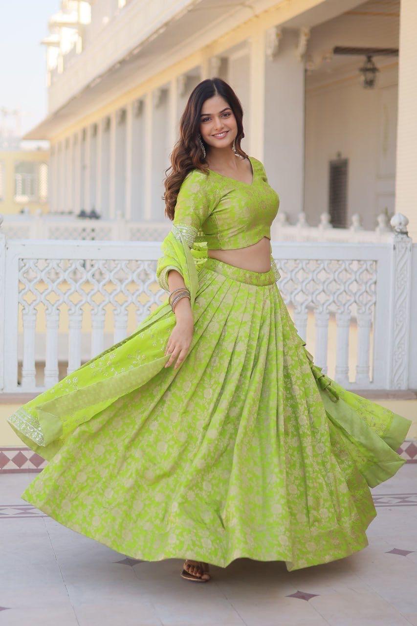 Pure Viscose Jacquard Green Lehenga Choli
