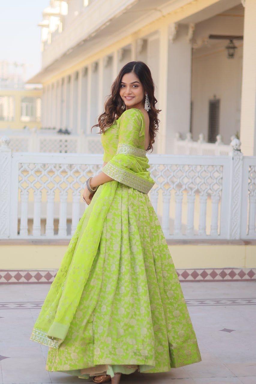 Pure Viscose Jacquard Green Lehenga Choli