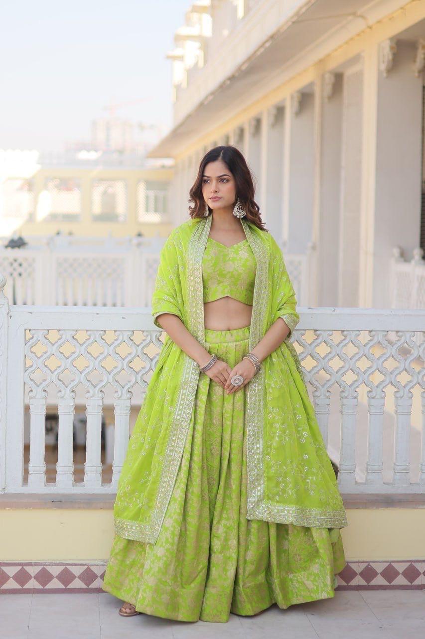 Pure Viscose Jacquard Green Lehenga Choli