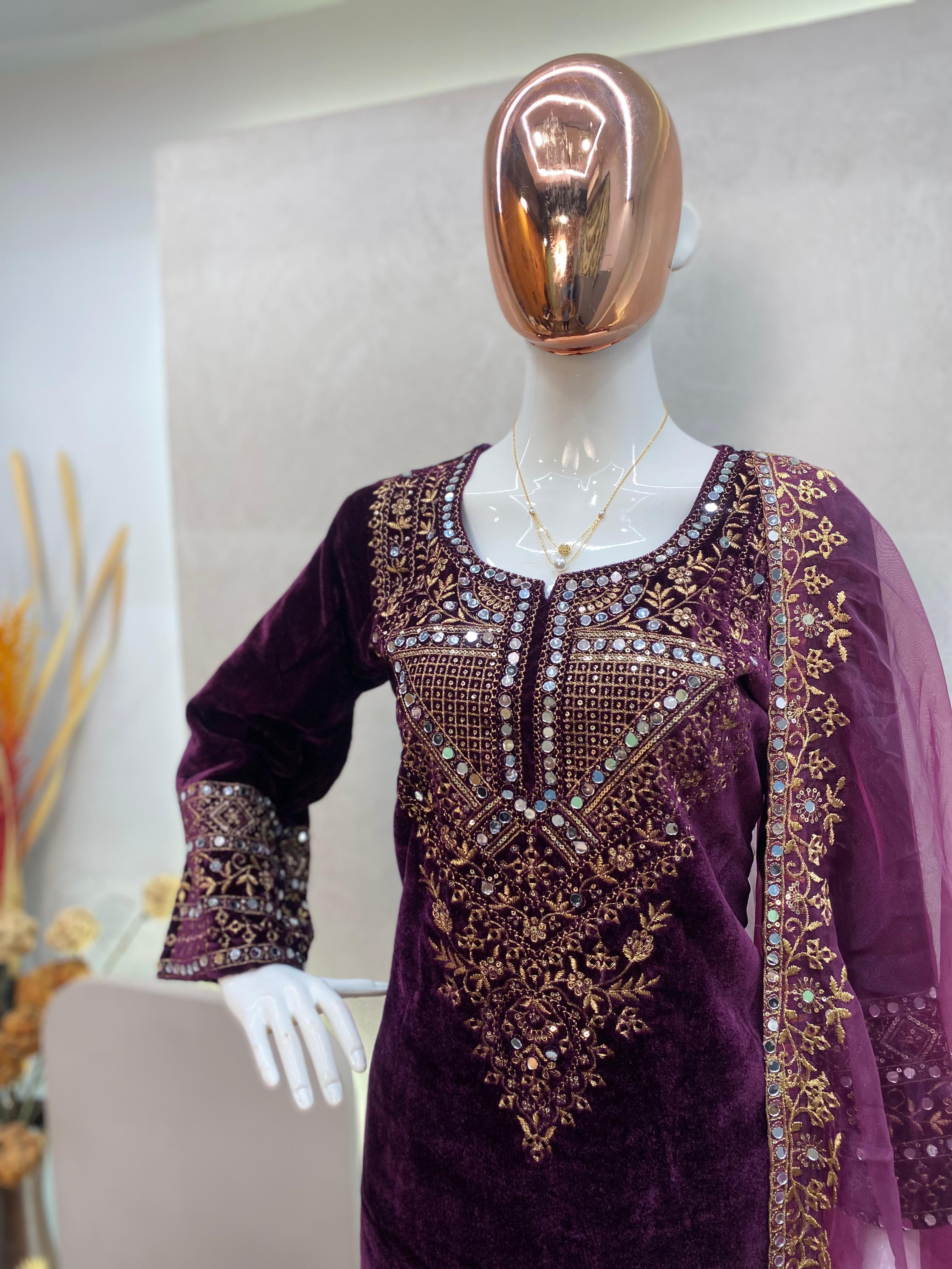 Velvet Embroidered Suit with Organza Dupatta