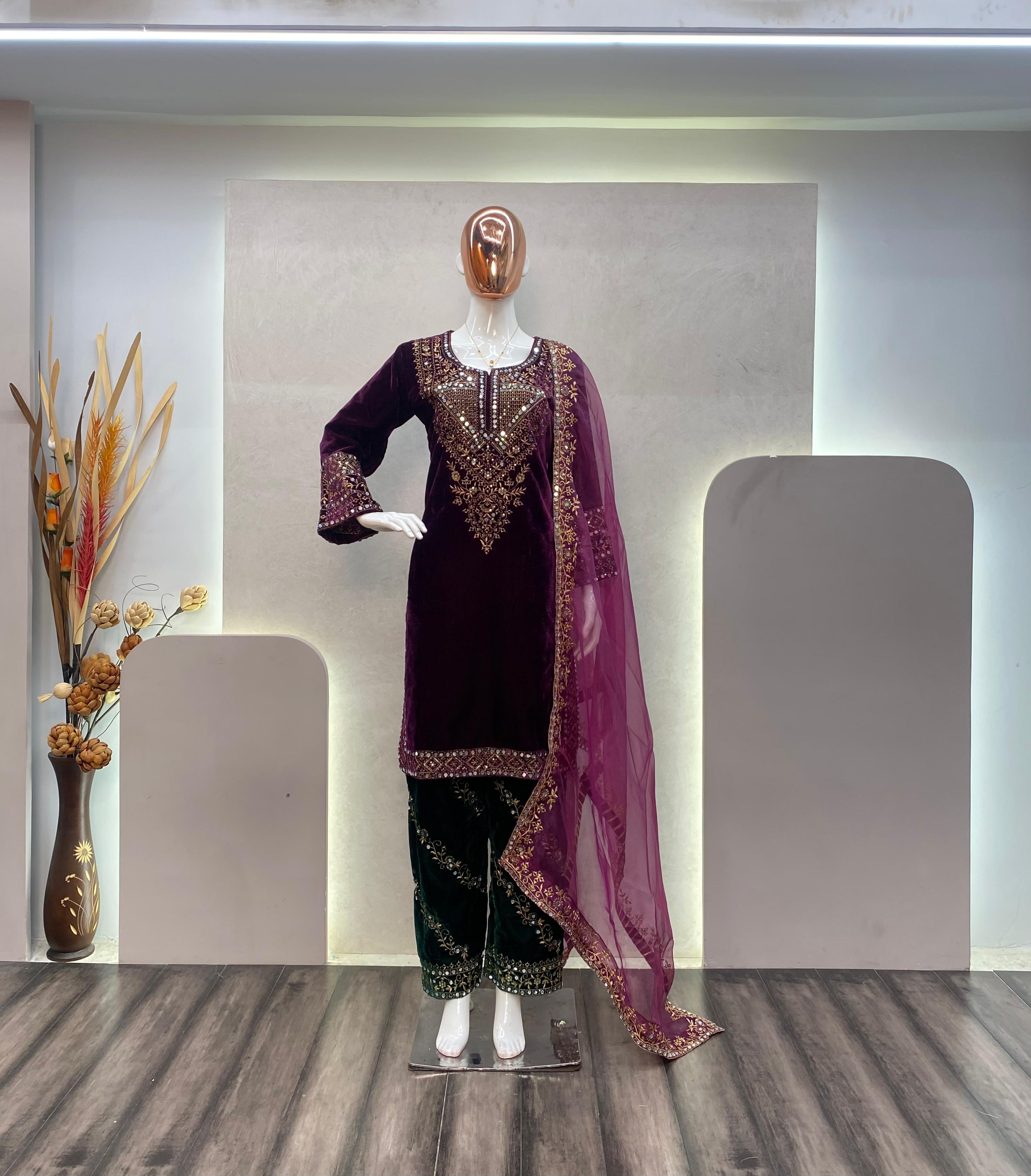 Velvet Embroidered Suit with Organza Dupatta