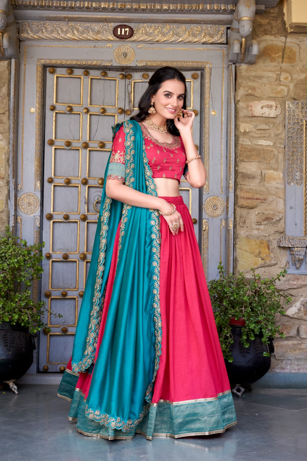 Vichitra Silk Embroidered Lehenga Set