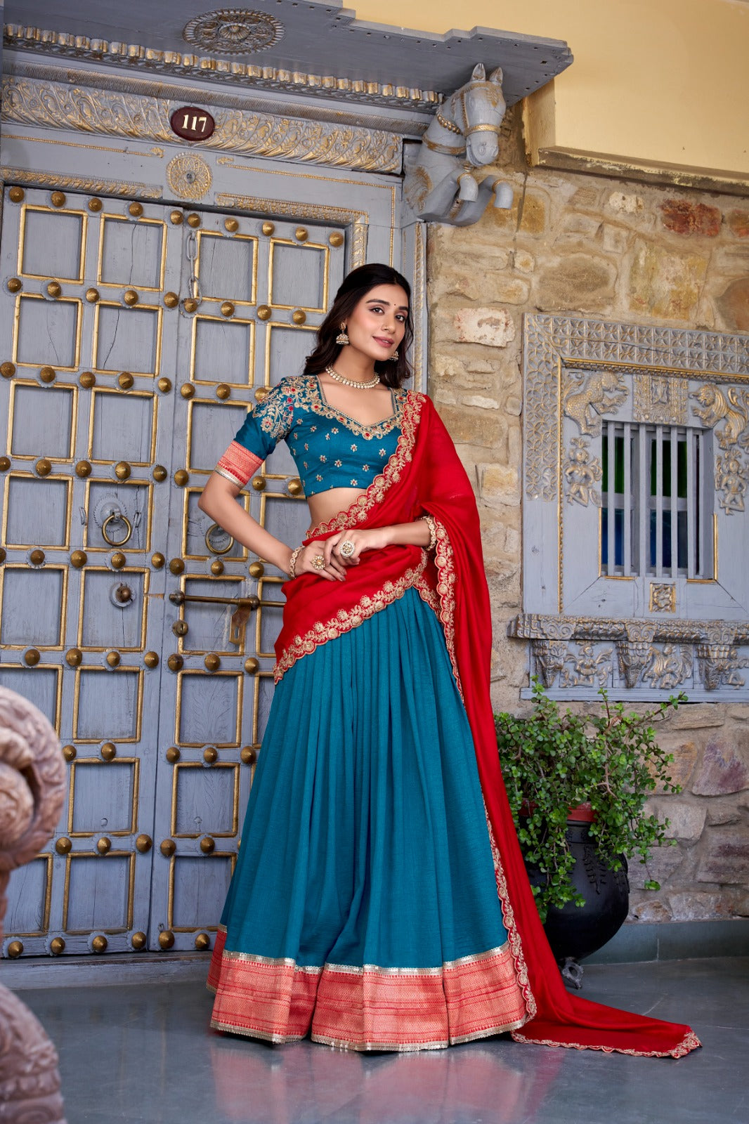 Vichitra Silk Embroidered Lehenga Set