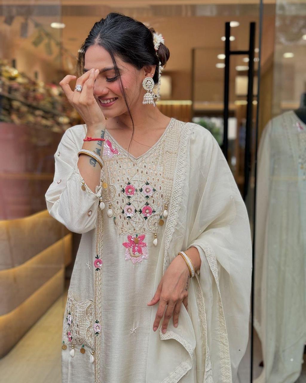 Pure Roman Silk Embroidered Suit with Patch Print