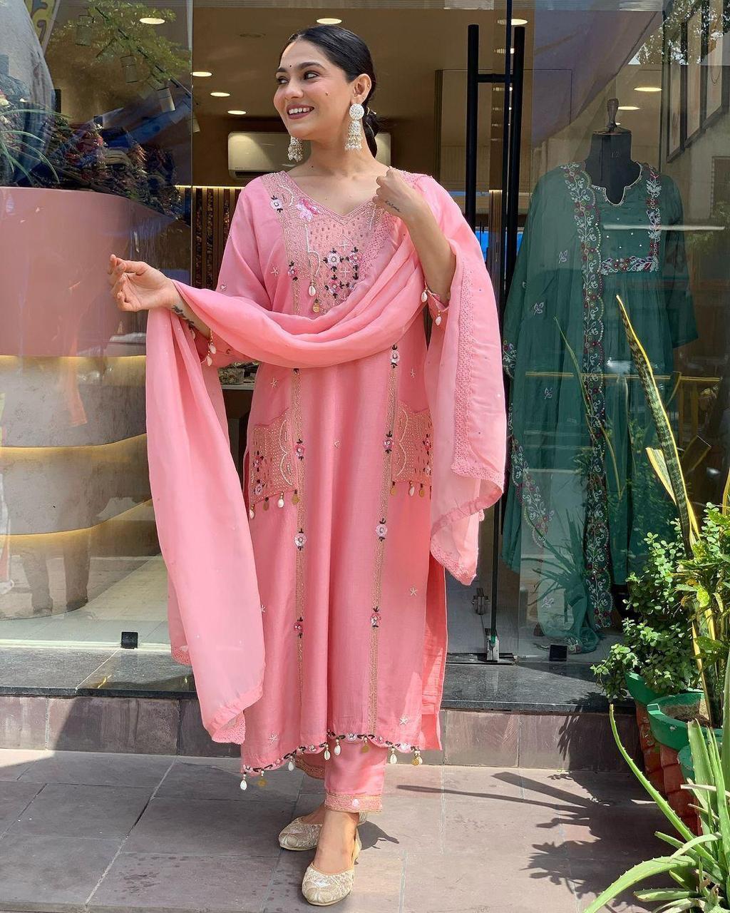 Pure Roman Silk Embroidered Suit with Patch Print