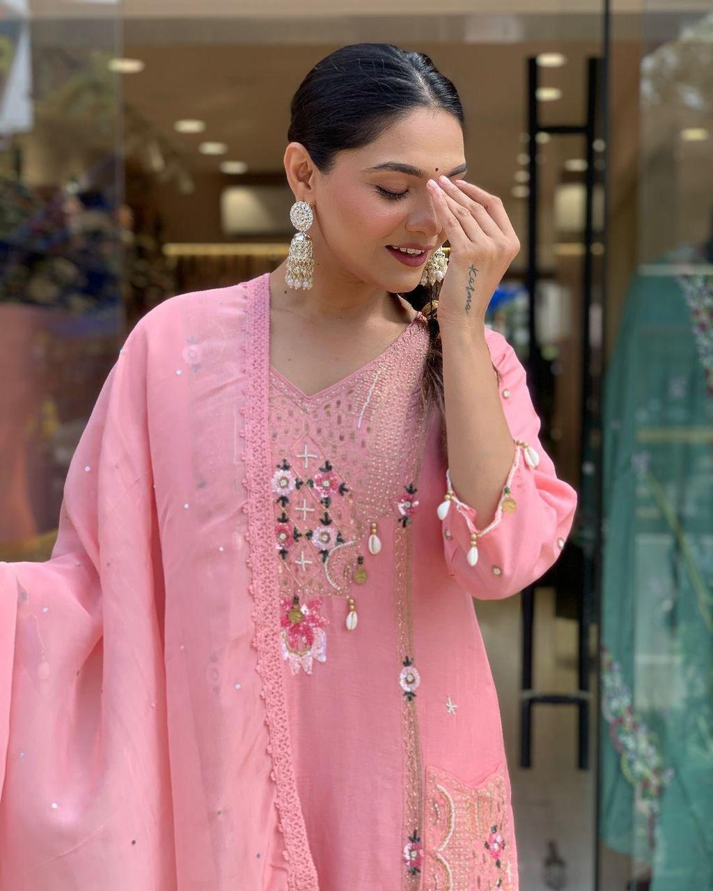 Pure Roman Silk Embroidered Suit with Patch Print