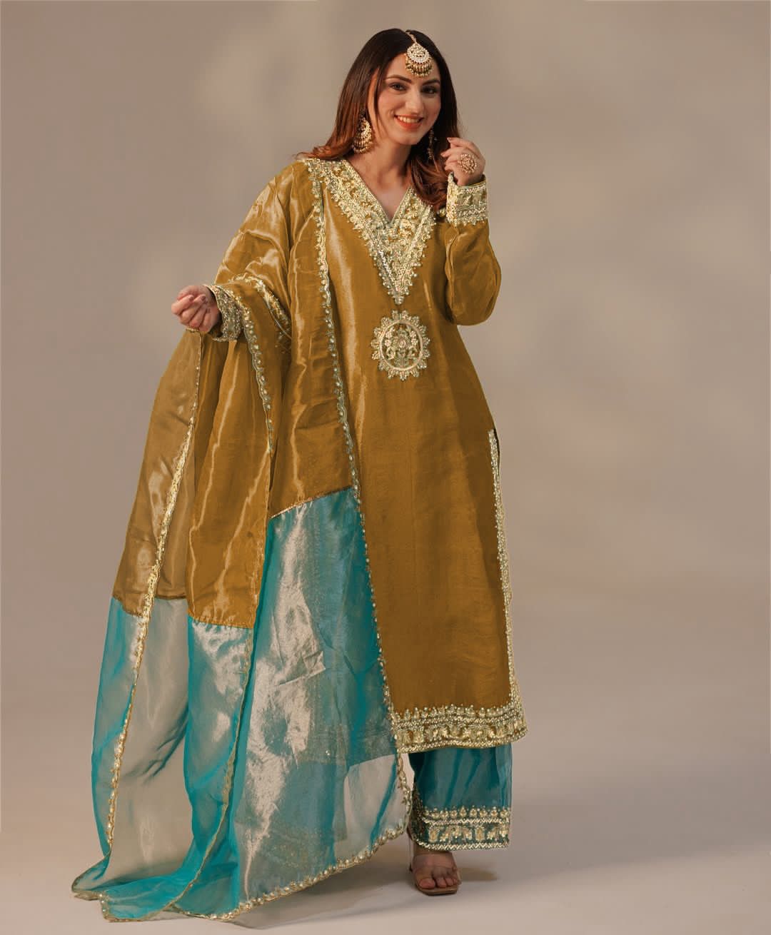 Soft Twill Net Silk Embroidered Plazzo Suit with Dupatta