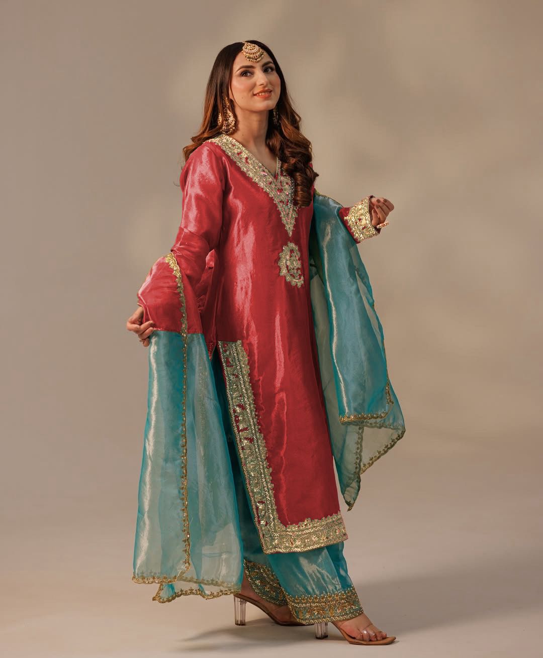 Soft Twill Net Silk Embroidered Plazzo Suit with Dupatta