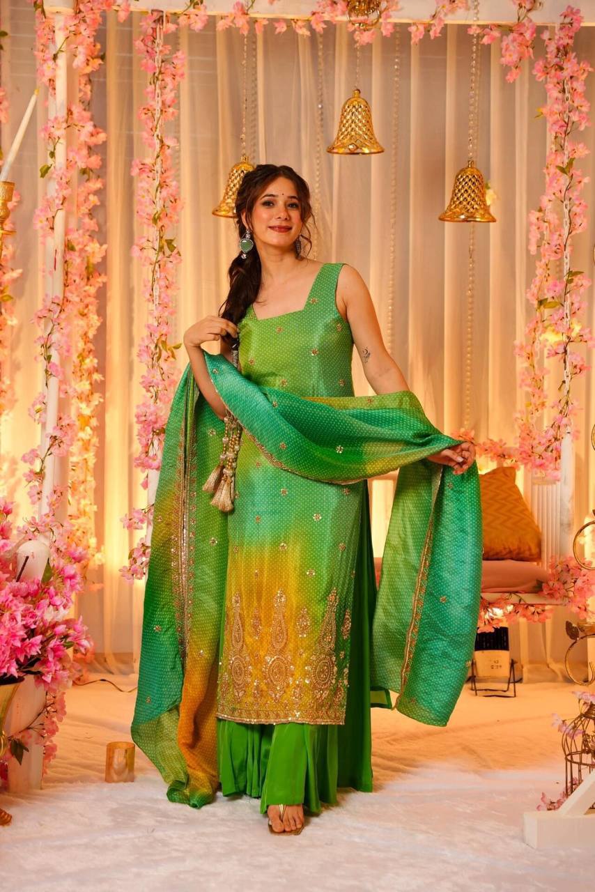 Slate Green Bandhej Chinnon Silk Suit Set