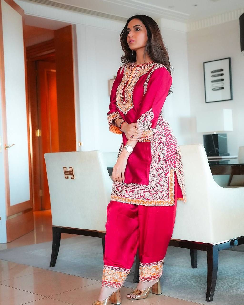 Roman Silk Chine Stitch Work Suit Set