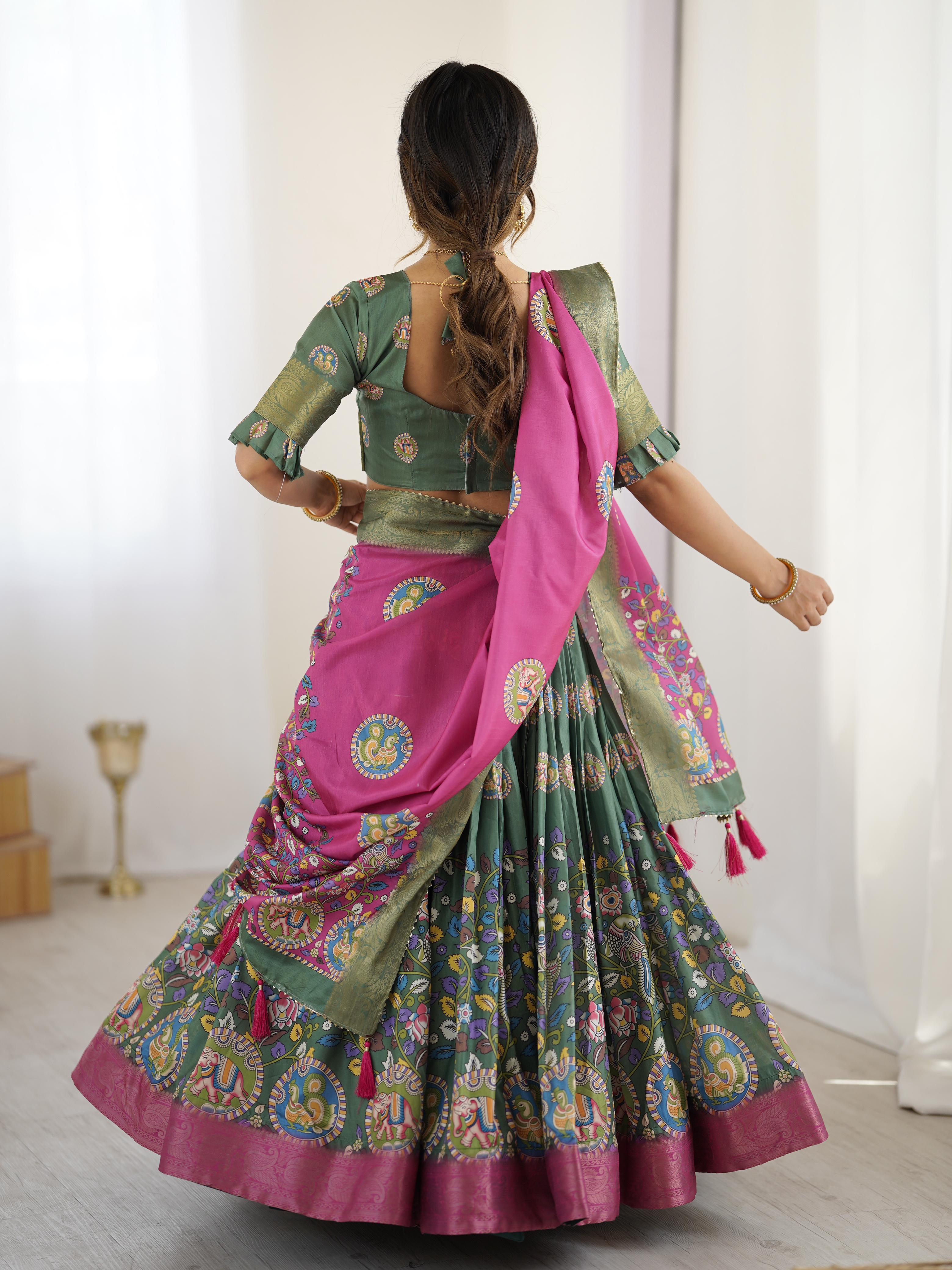 Tussar Silk Kalamkari Lehenga Set with Jaquard Border