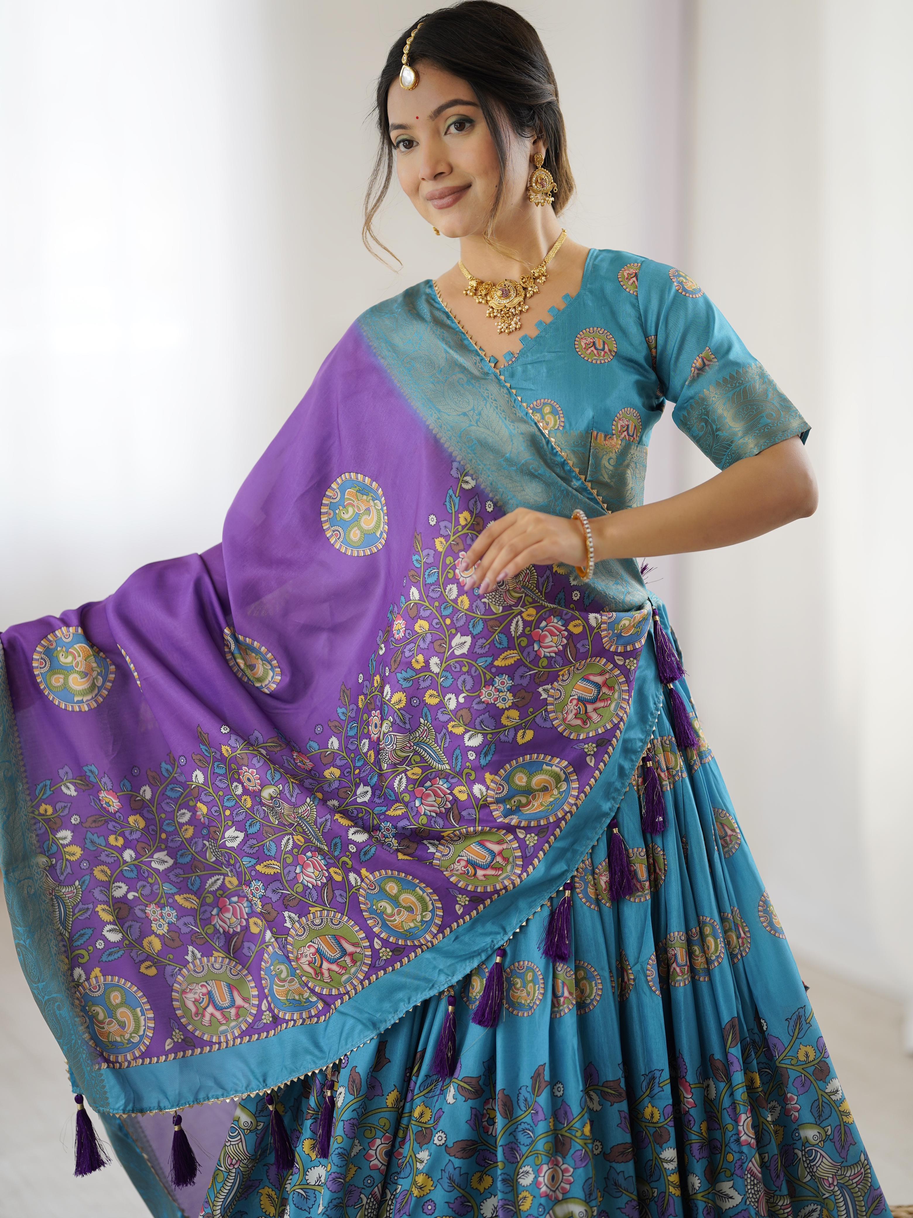 Tussar Silk Kalamkari Lehenga Set with Jaquard Border
