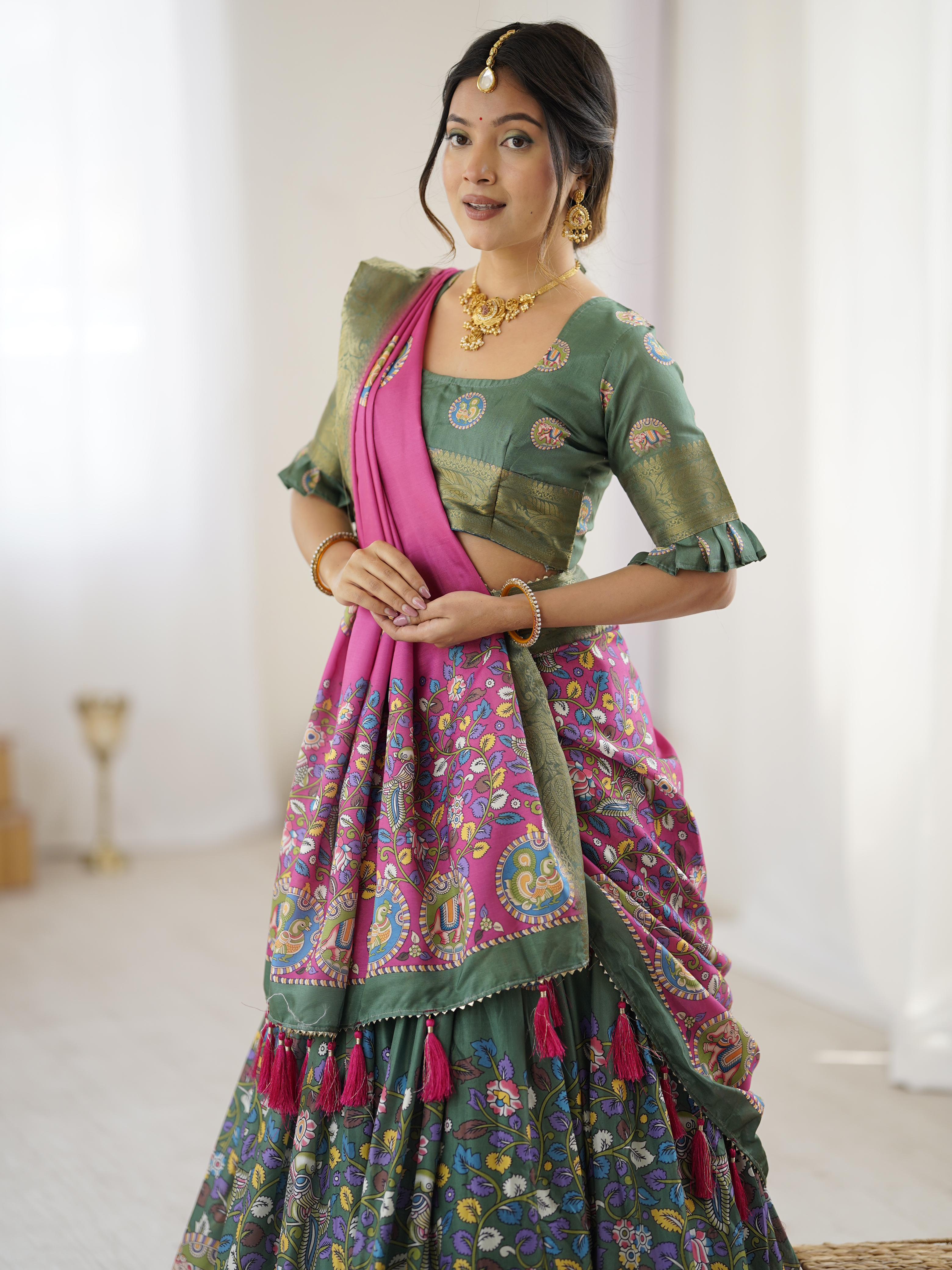Tussar Silk Kalamkari Lehenga Set with Jaquard Border