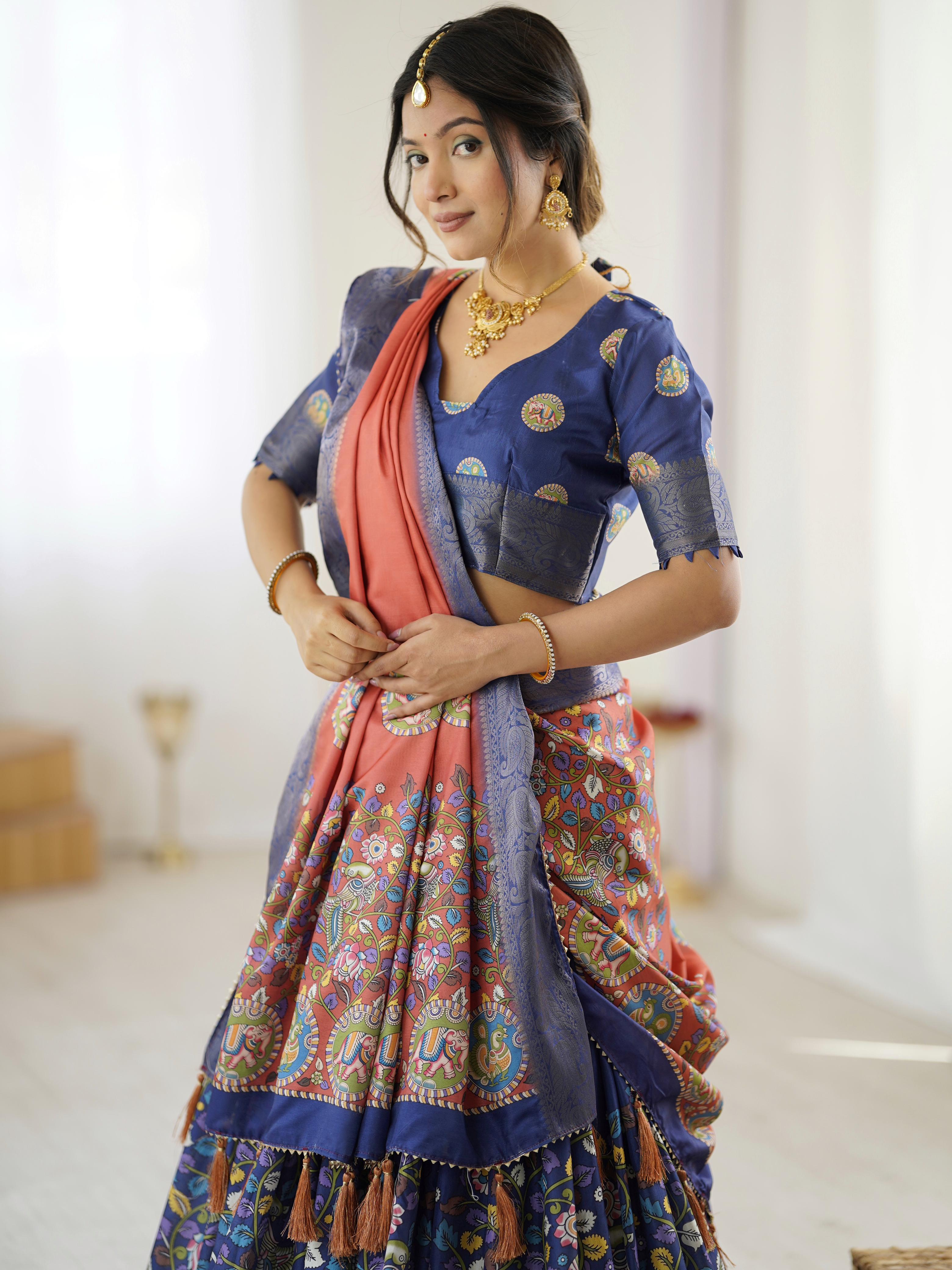 Tussar Silk Kalamkari Lehenga Set with Jaquard Border