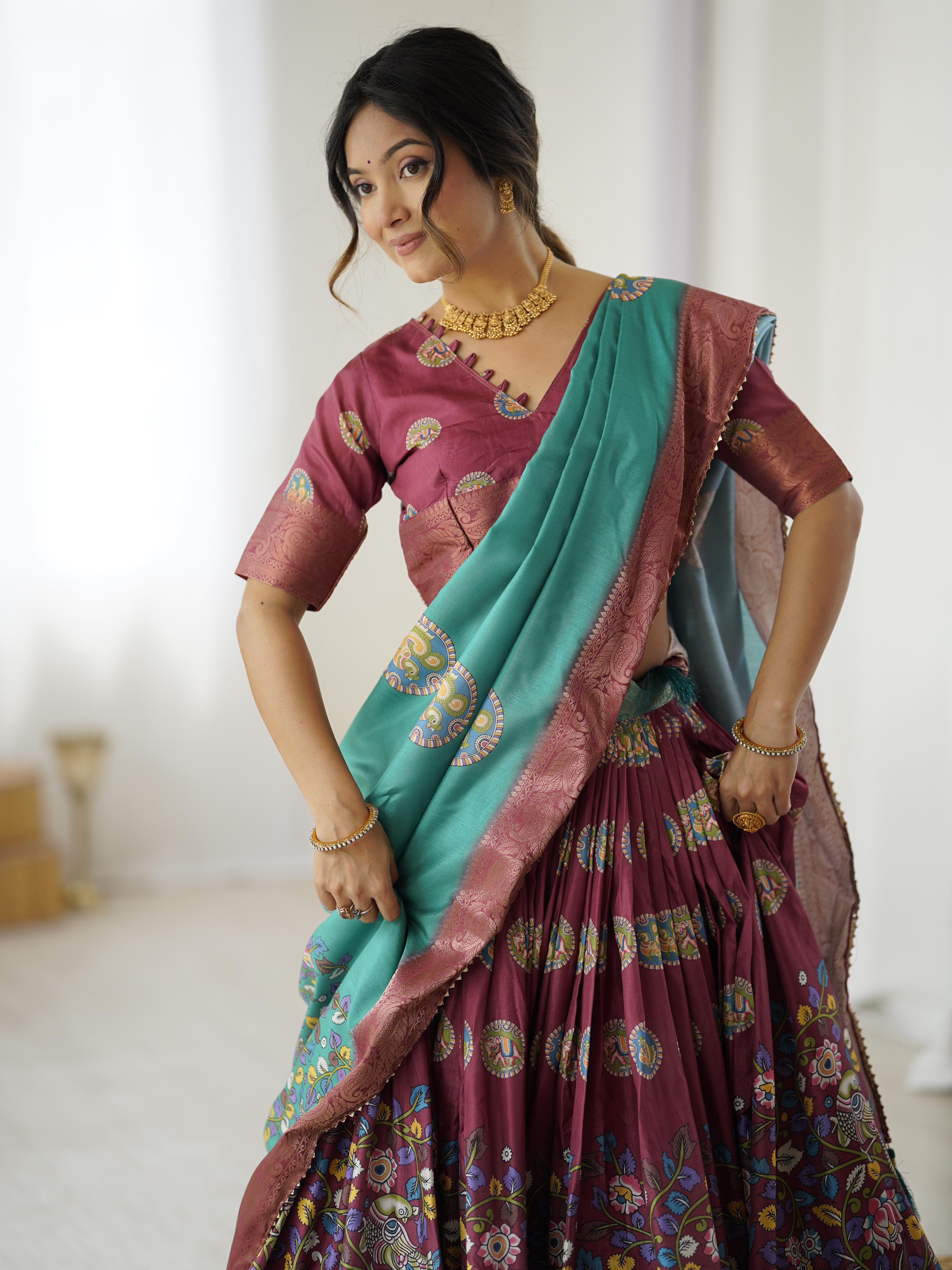 Tussar Silk Kalamkari Lehenga Set with Jaquard Border