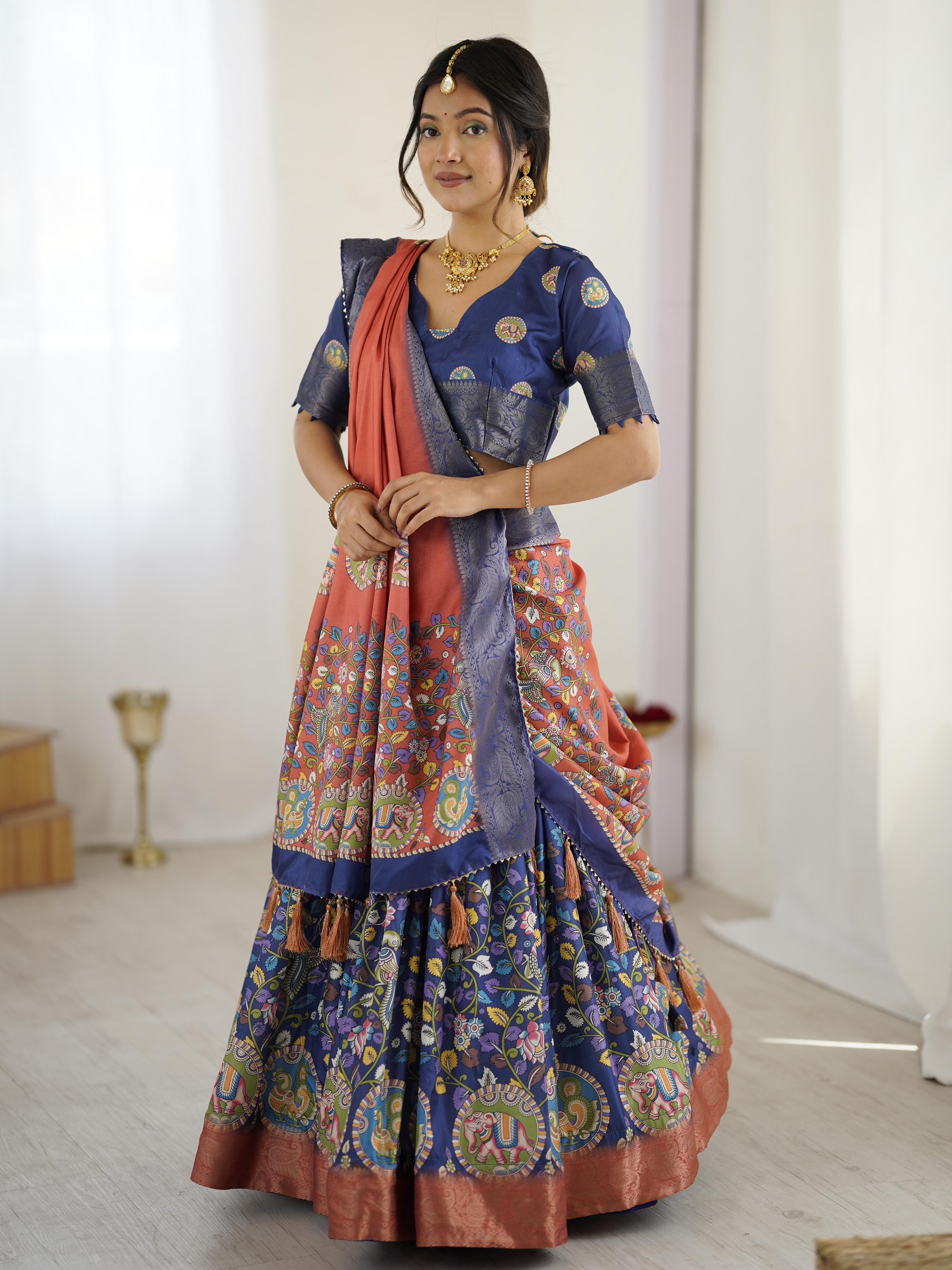 Tussar Silk Kalamkari Lehenga Set with Jaquard Border