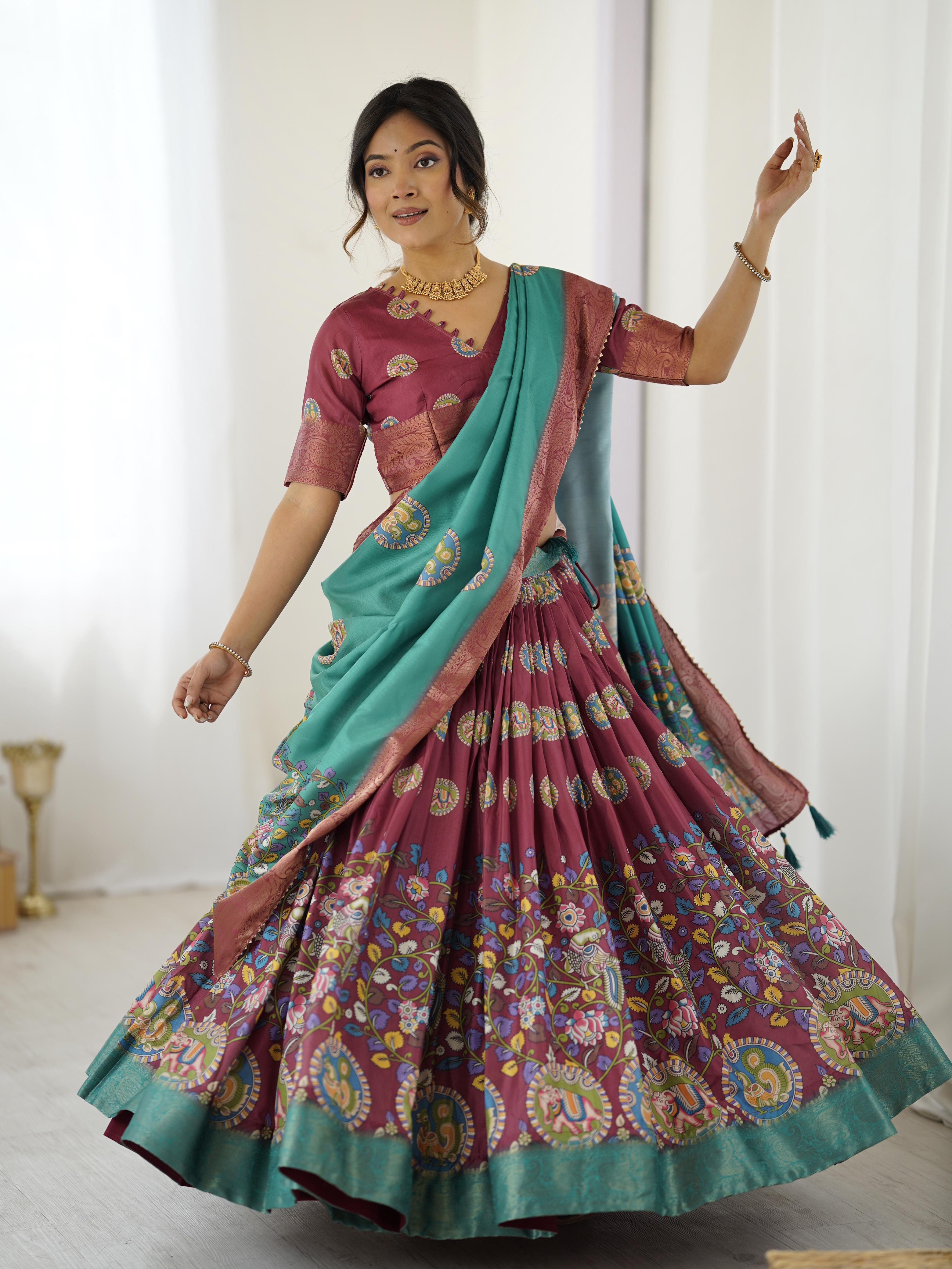 Tussar Silk Kalamkari Lehenga Set with Jaquard Border