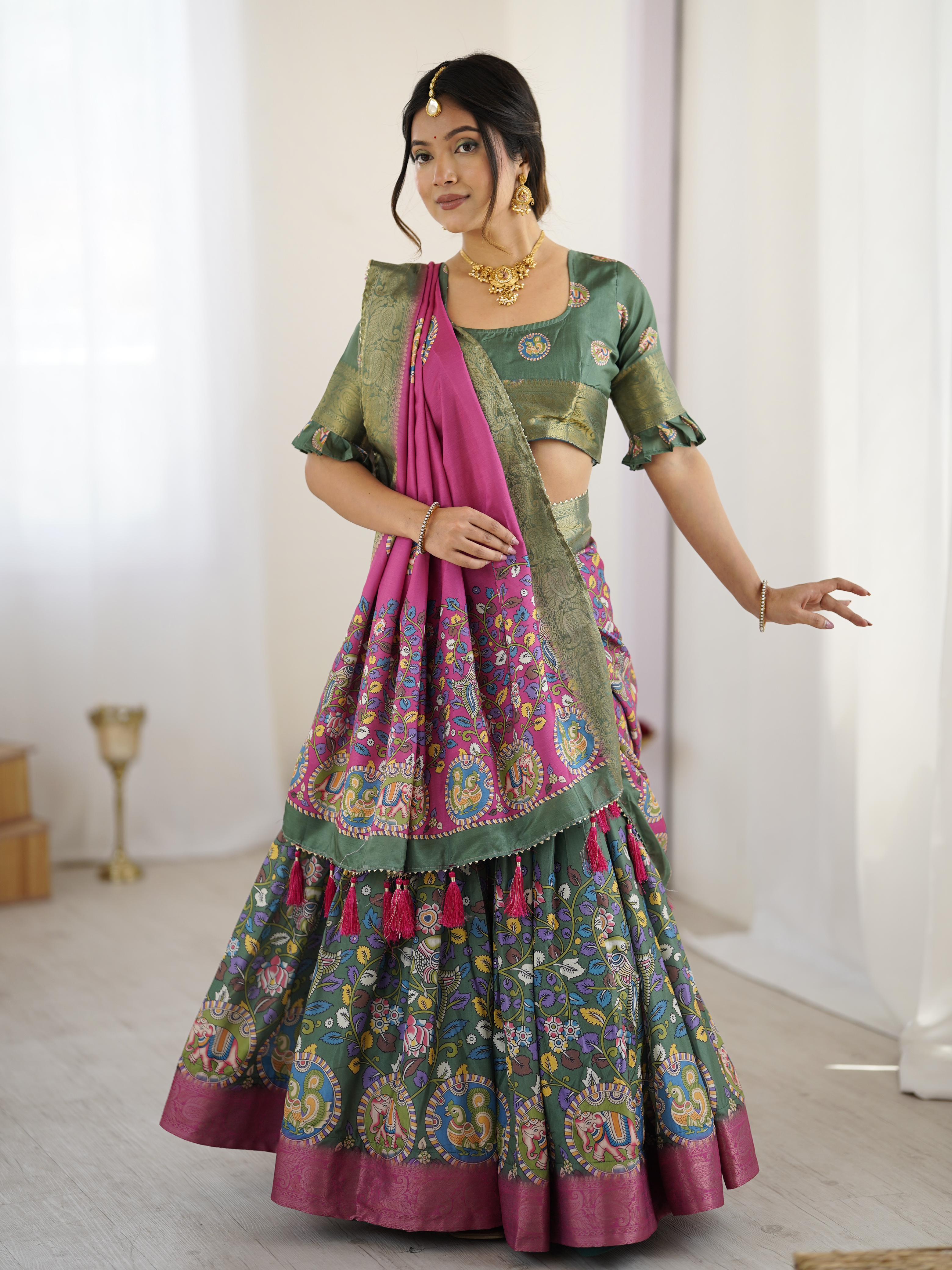 Tussar Silk Kalamkari Lehenga Set with Jaquard Border