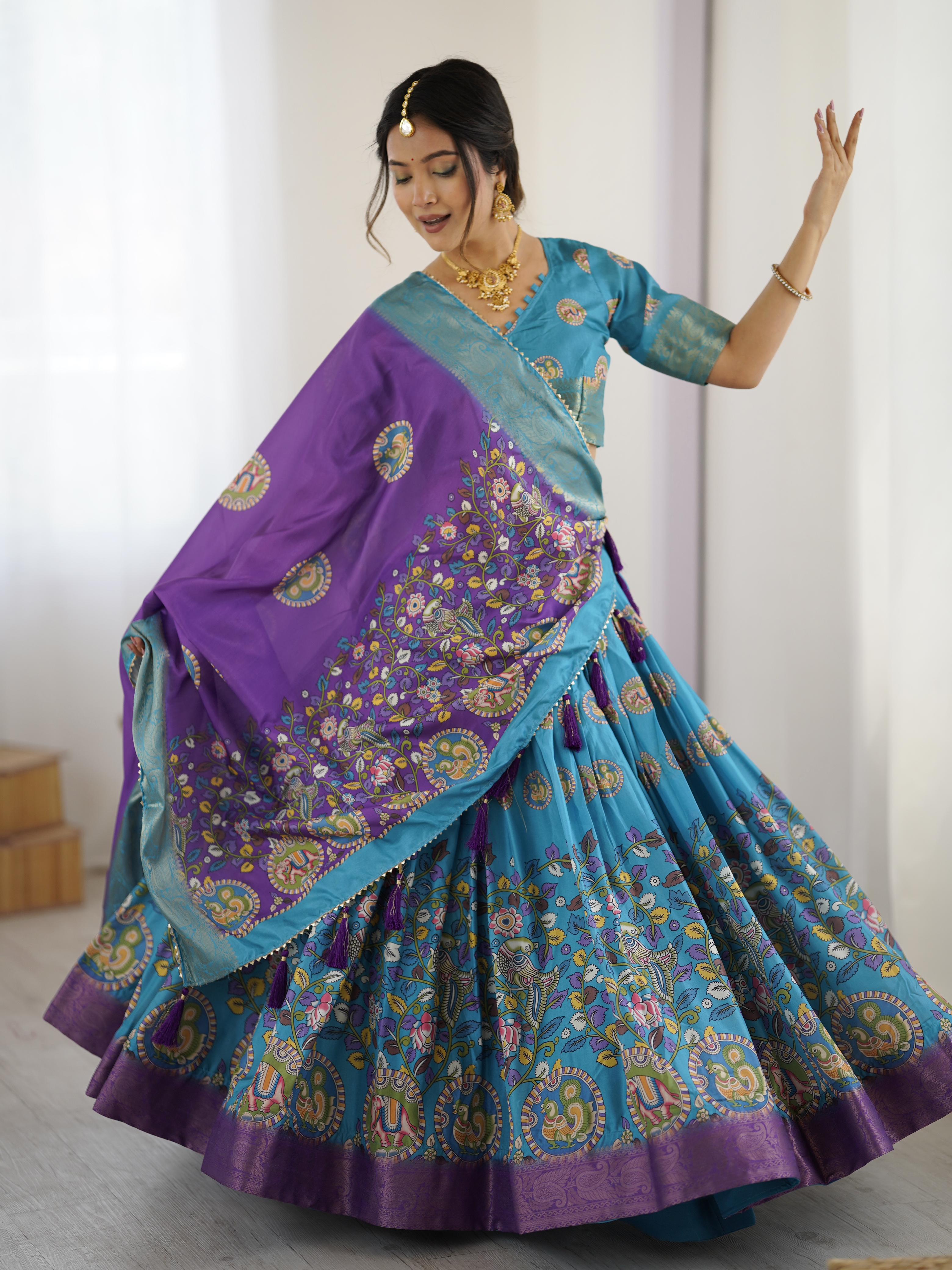 Tussar Silk Kalamkari Lehenga Set with Jaquard Border