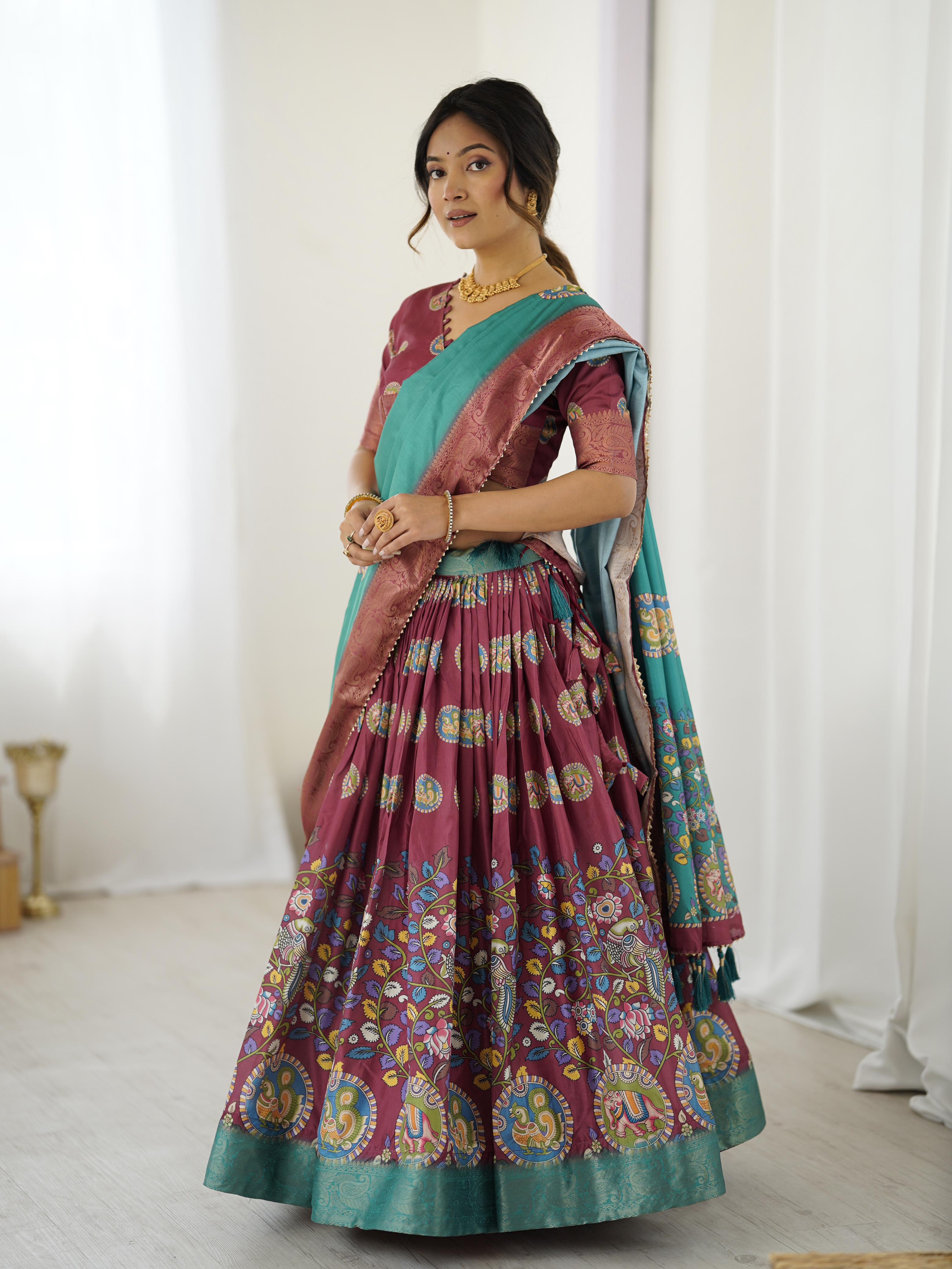 Tussar Silk Kalamkari Lehenga Set with Jaquard Border